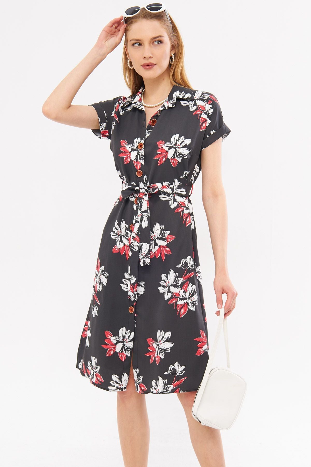 Woman anthracite Large Flower Waist Belt Short Sleeve Shirt Dress ARM-221007