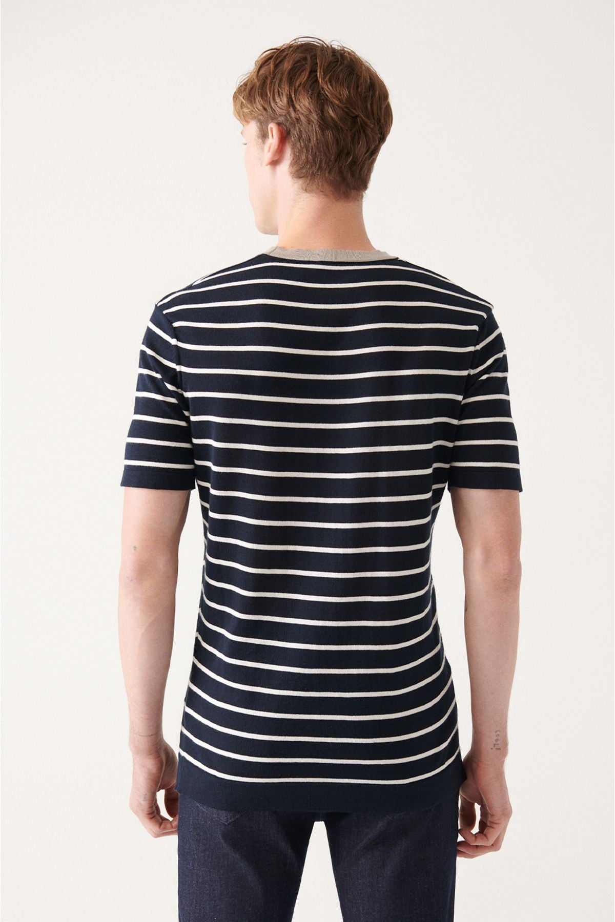 Men's navy blue cotton bike collar striped knitwear T-shirt A31y5032