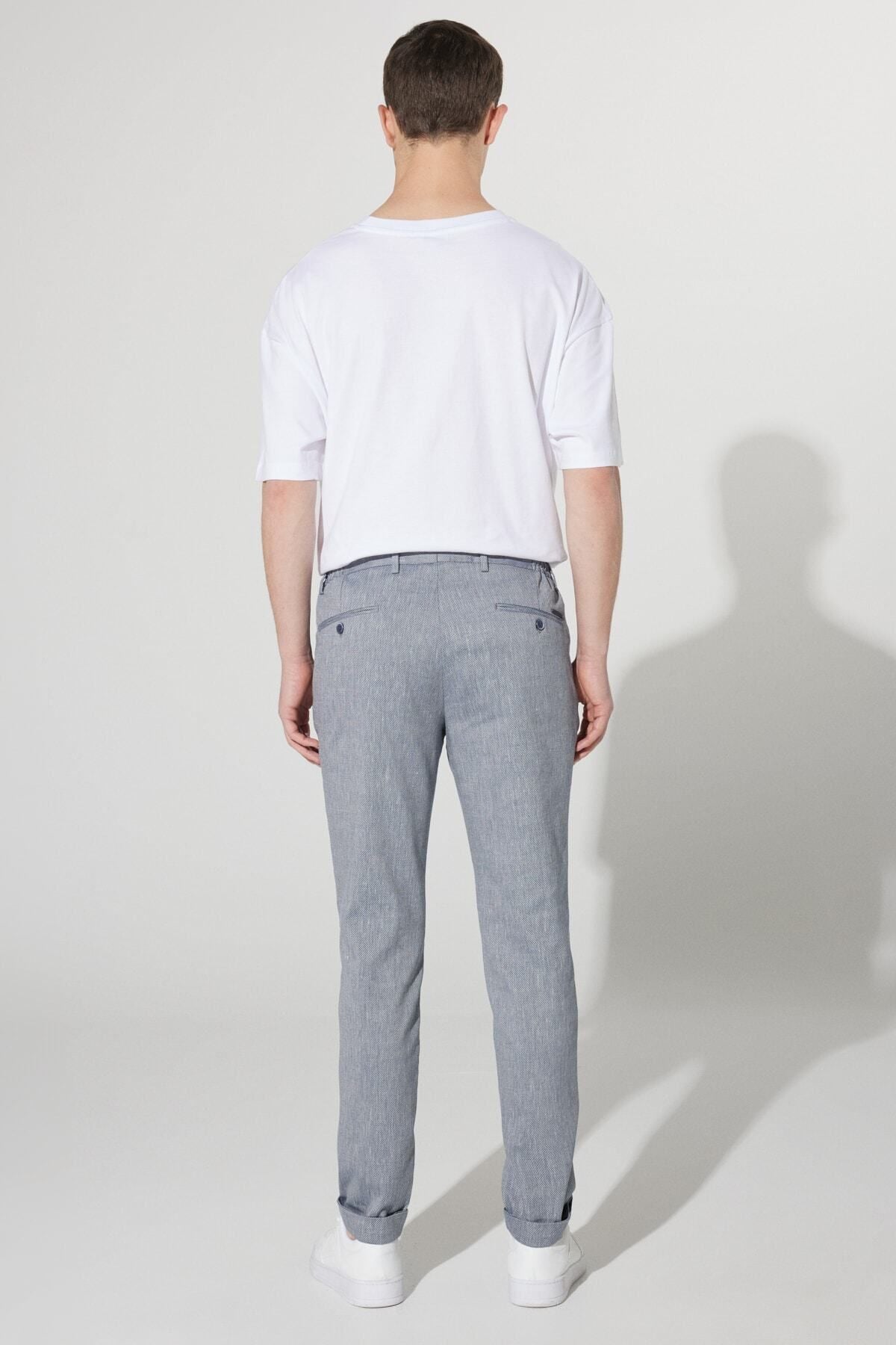 Men's navy blue slim fit narrow -cut linen mixed waist tied jogger pants