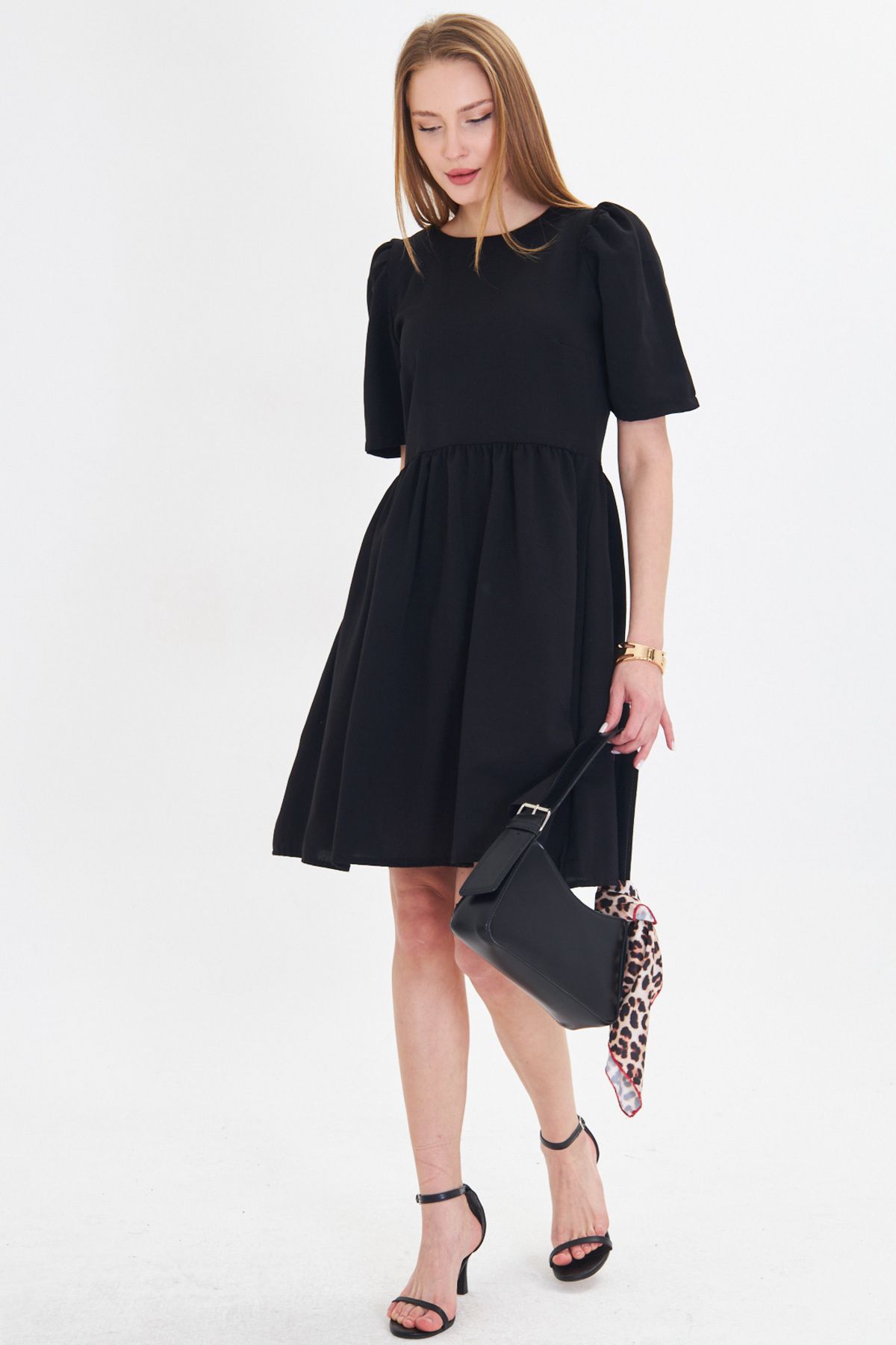 Female black zero-collar background watermelon arm waist shirred dress Arm-25y001009