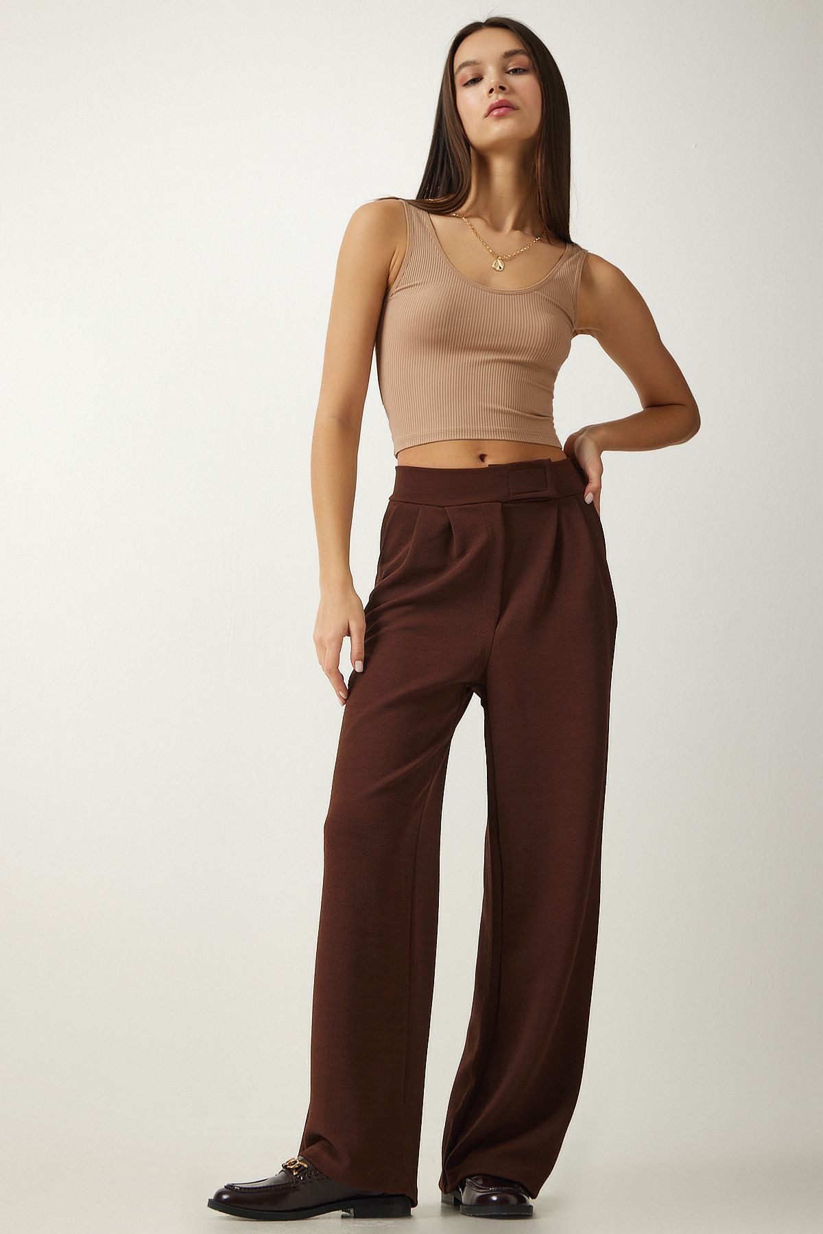 Female Brown Waist Call Casual Palazzo Pants Li00113