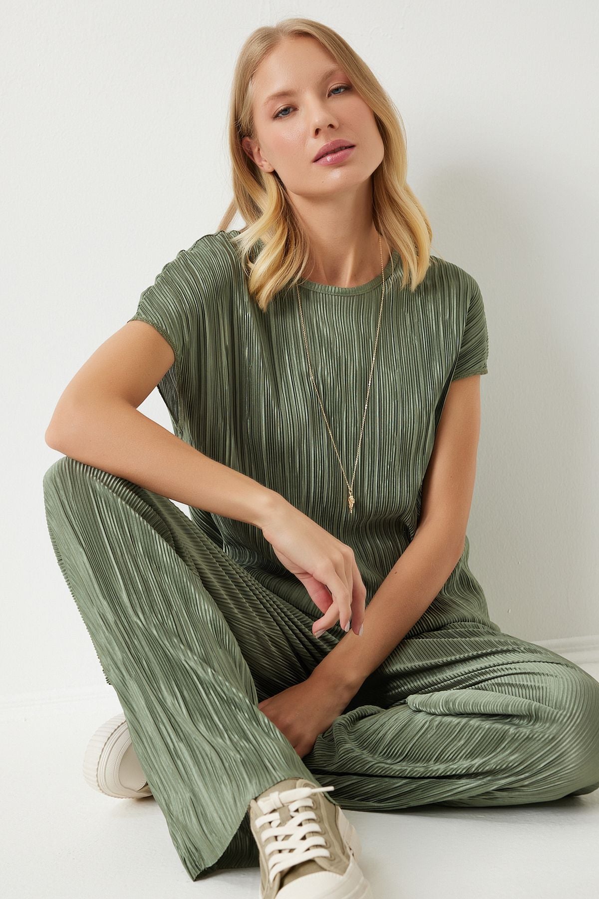 Female Cagla Green Pilisle Casual Blouse Pants Set Mc00283
