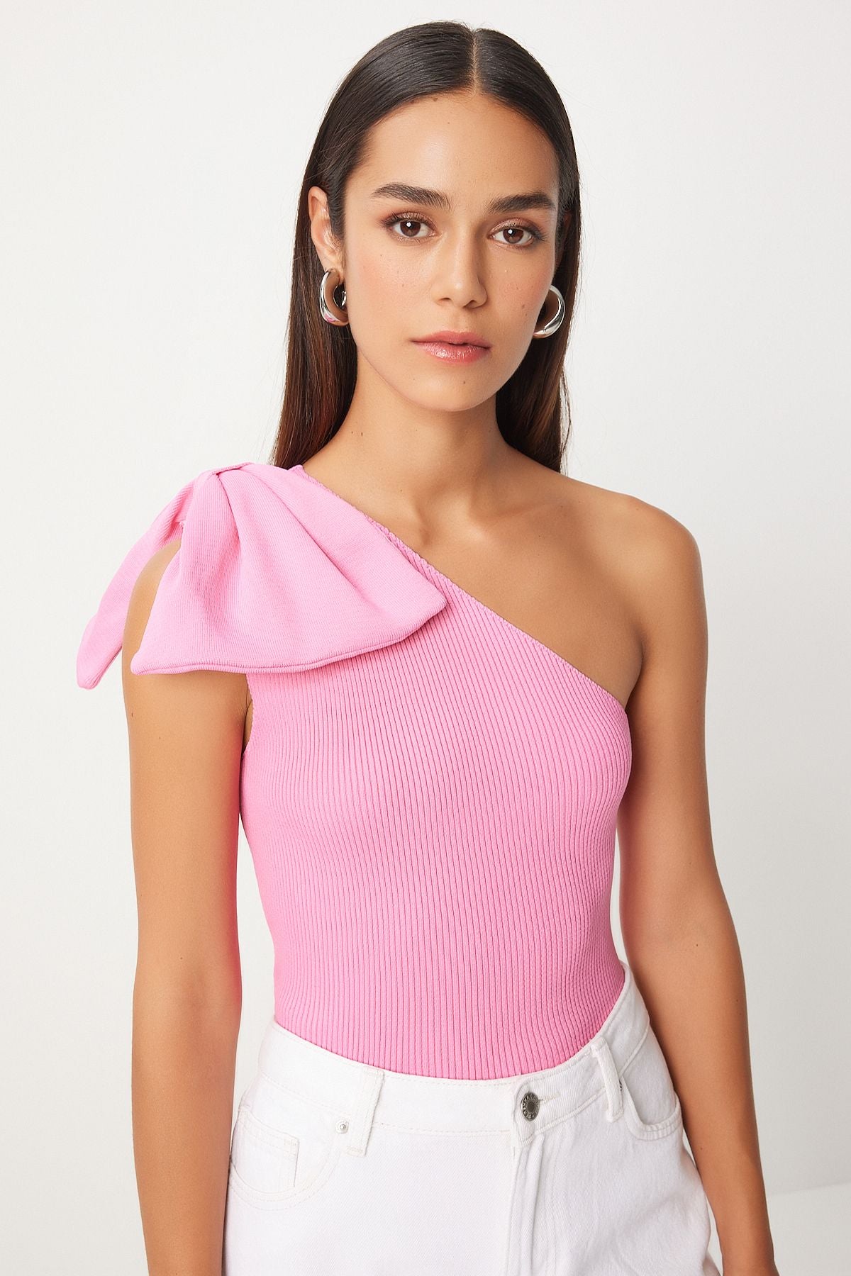 Female pink bow single shoulder knitwear blouse PF00075