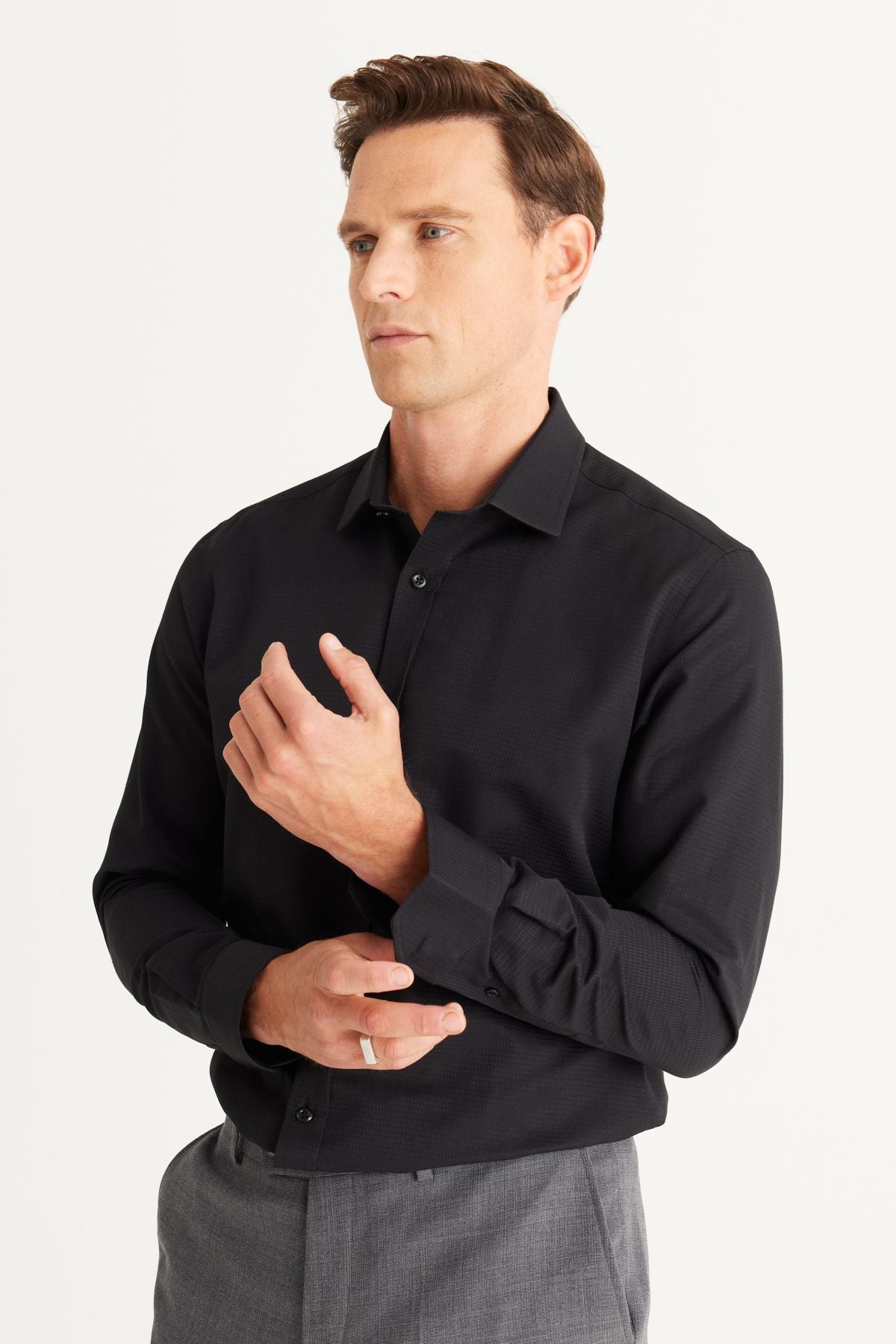 Men's black slim fit narrow tight cut cotton Astructural shirt