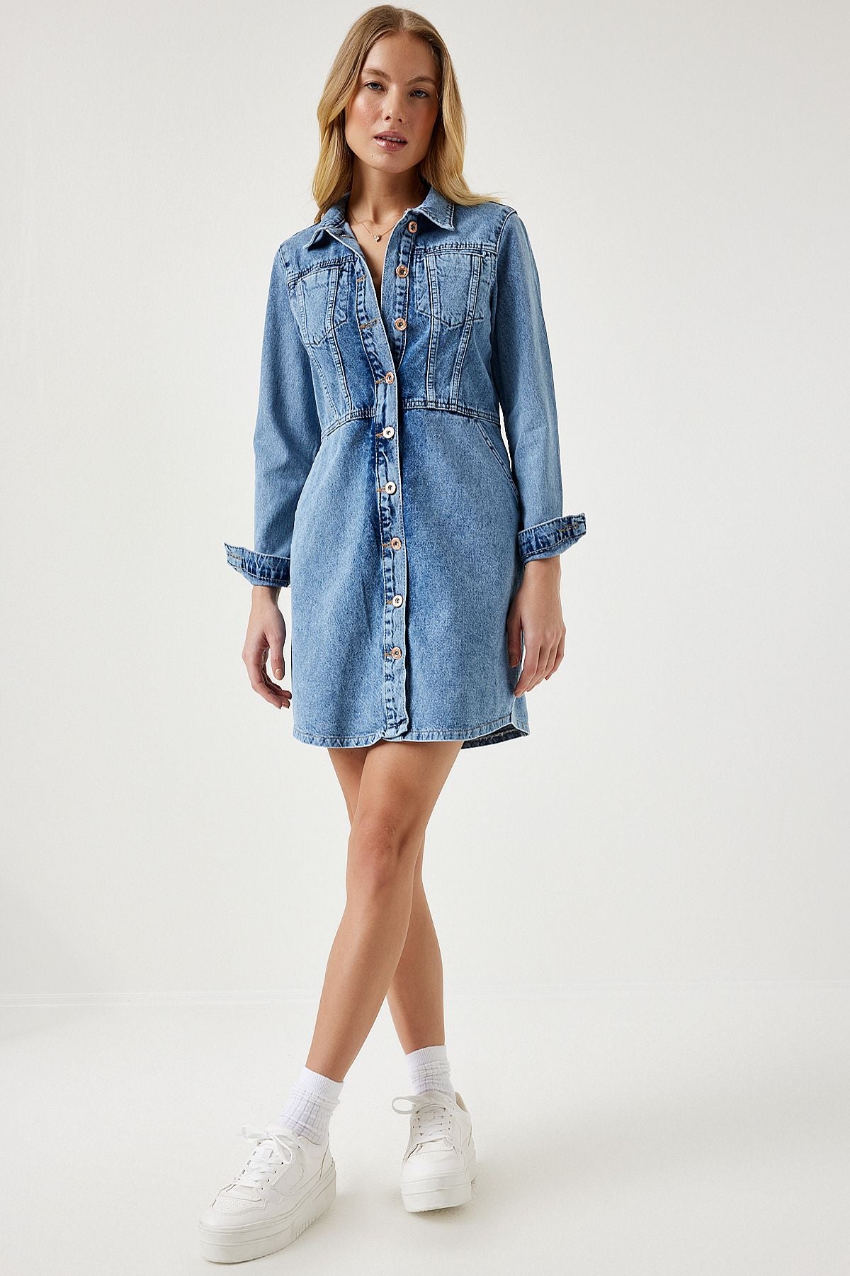 Woman Light Blue Pocket Mini Denim Dress RV00165