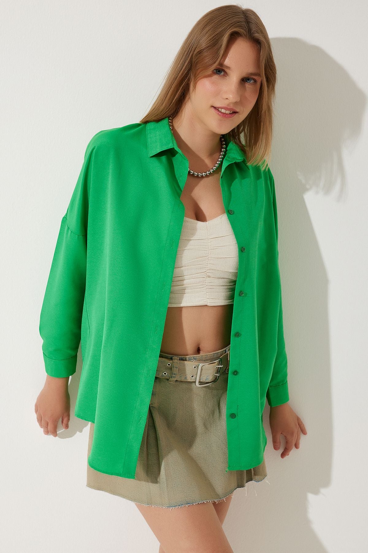 Kadın Koyu Yeşil Oversize Uzun Basic Gömlek  DD00842