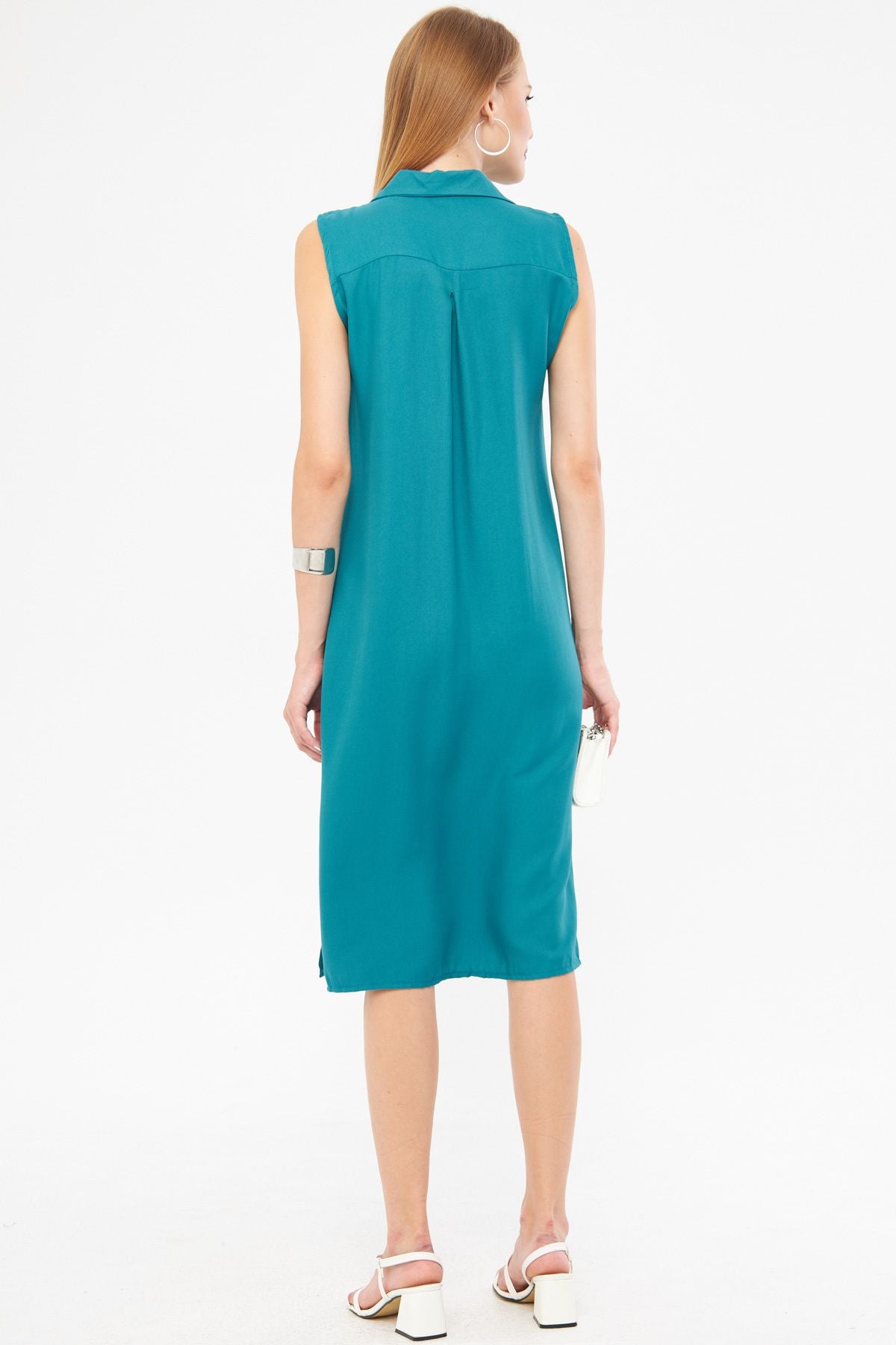 Female turquoise collar buttoned dress ARM-17Y00028