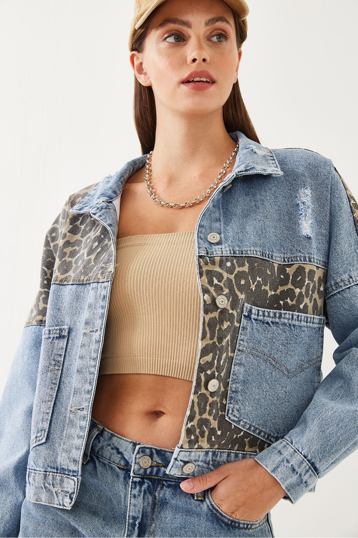 Women's leopard detailed denim jacket 60351014