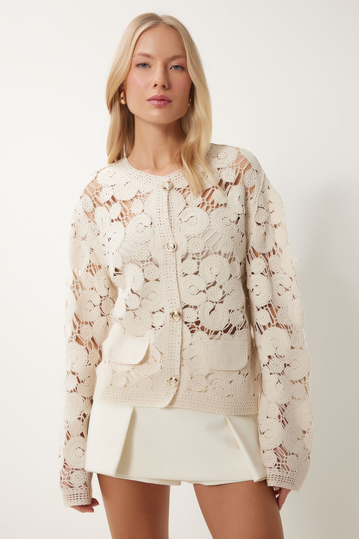 Women's Cream Flower Seasonal Triko Cardigan ES00175