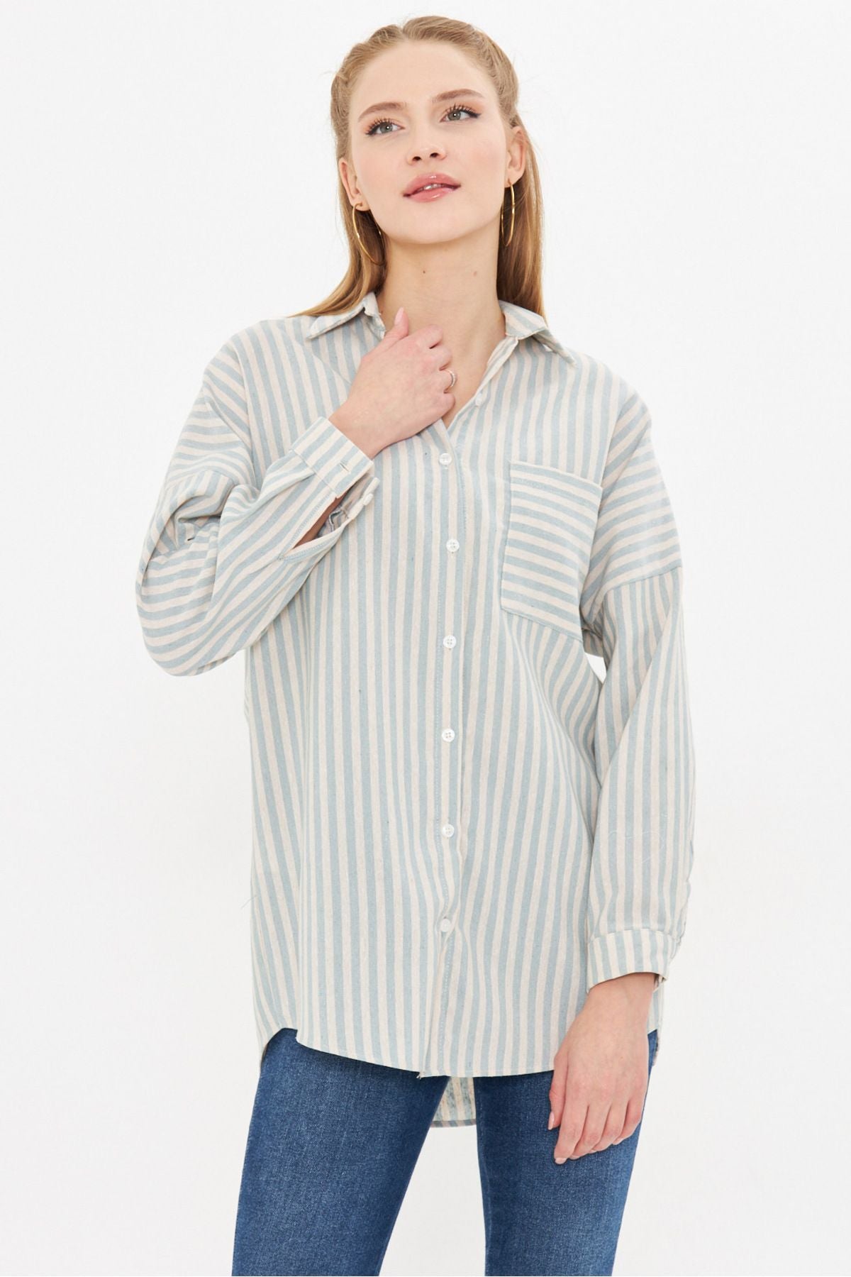 Female Mint Striped Long Sleeve Pocket Detail Pleeled Pleeled Shirt ARM-24Y001057