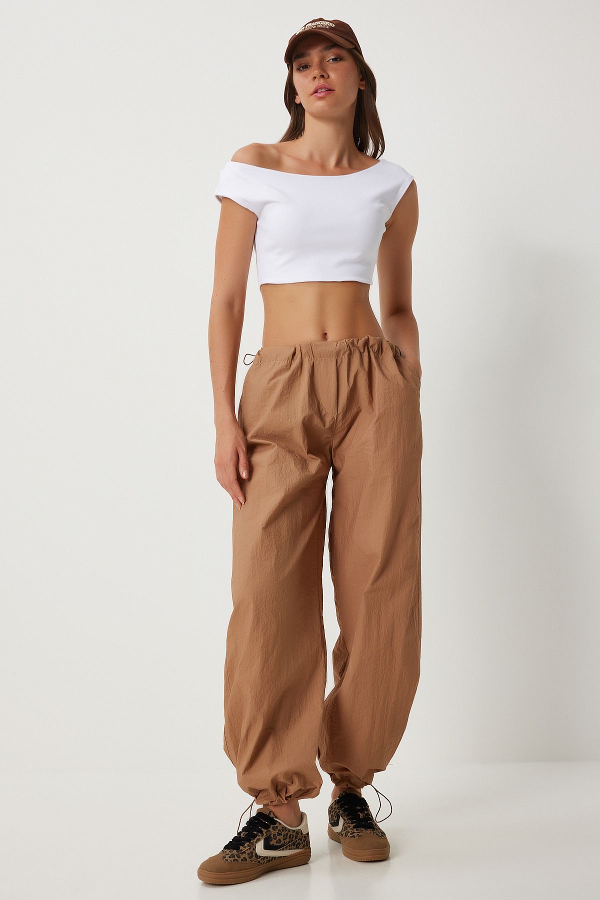 Female beige pocket parachute shalwar pants FN03274