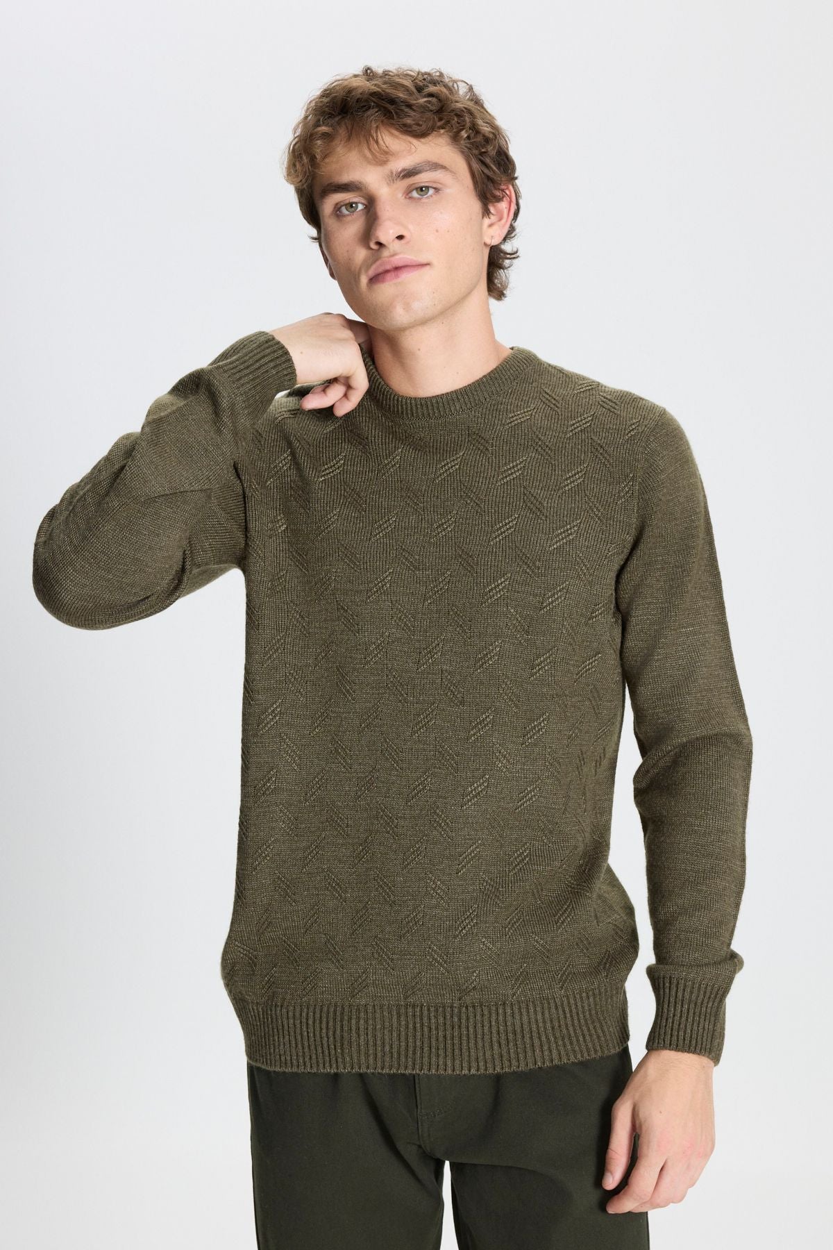 Men's Khaki Standard Fit Normal Cut Bicycle Yaka Jacquard Knitwear Sweater