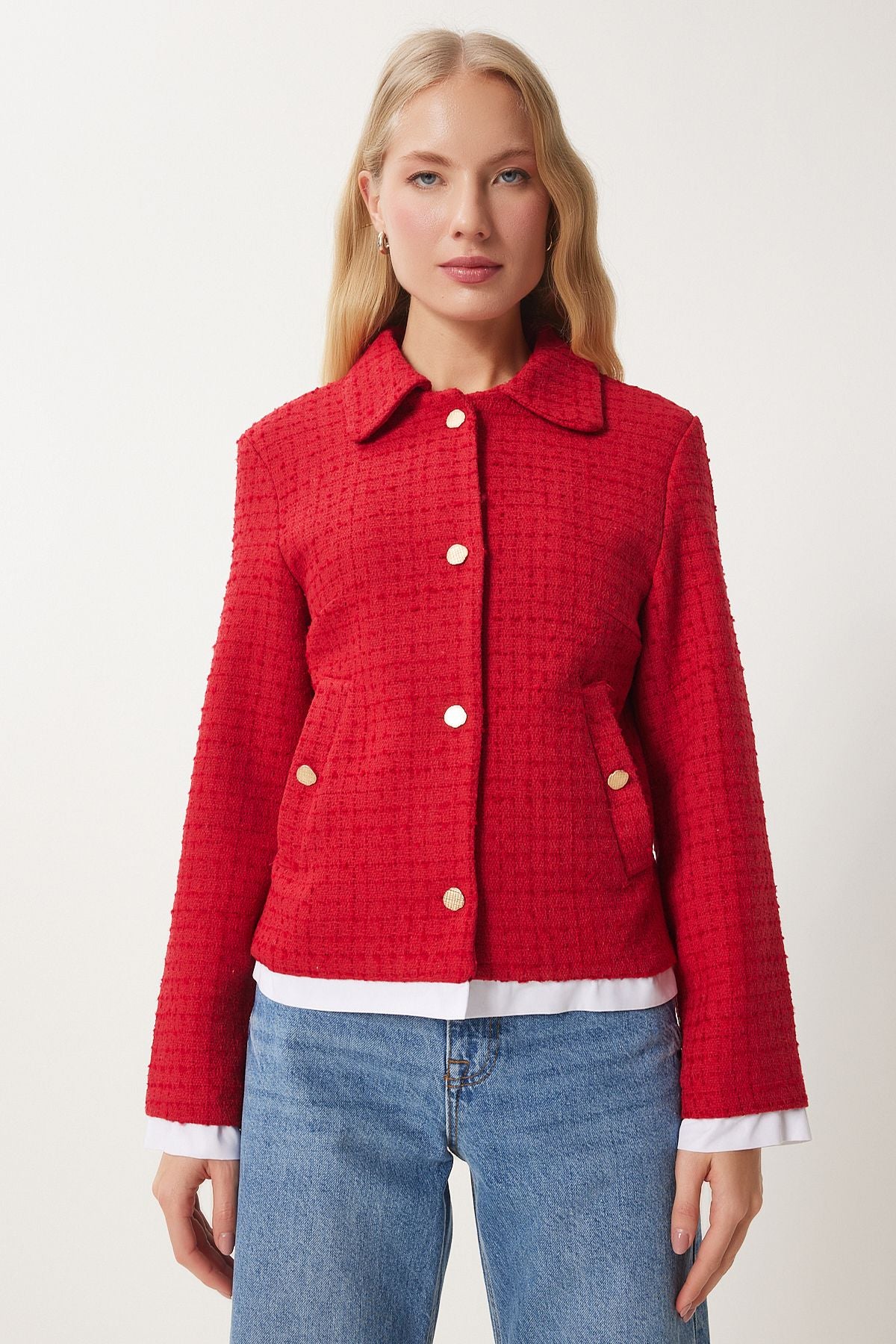 Woman Red Shirt Collar Tüvit Jacket to00157