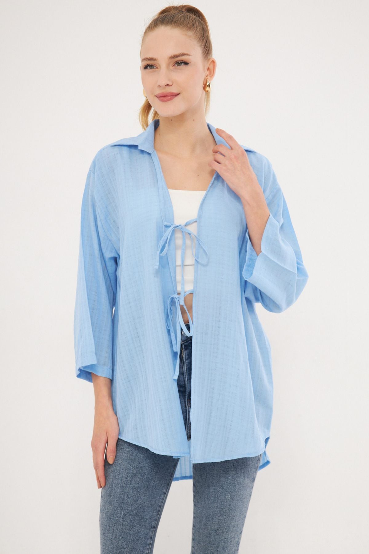 Woman Baby Blue Shirt Collar with Lacked Kimono Shirt ARM-25K001006