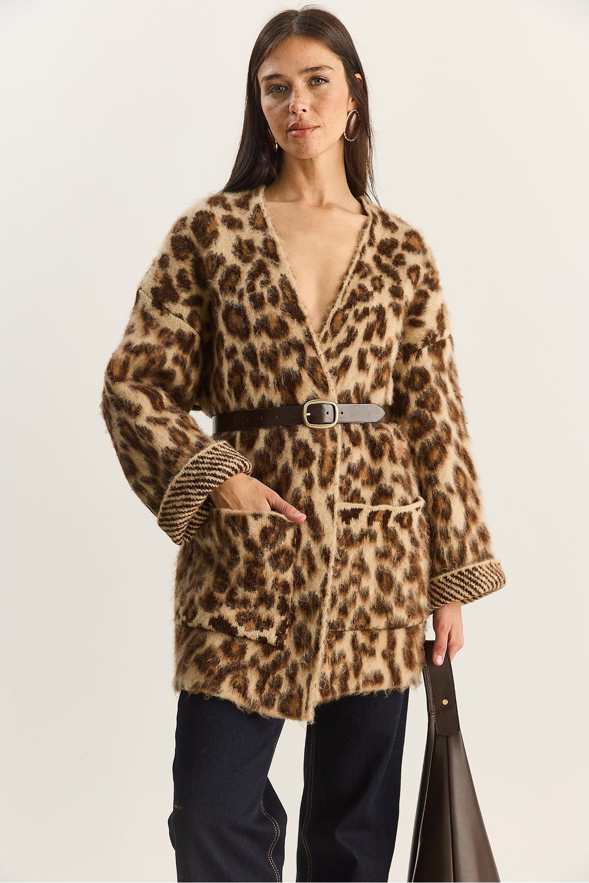 Women's Pocket Detailed Patterned Oversize Rose Gold Knitted Cardigan 20251101