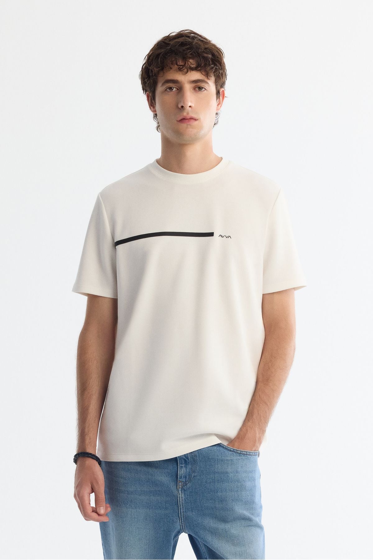 Men's Ecru Bicycle Collar Elastan Interlok T-Shirt A42Y1003