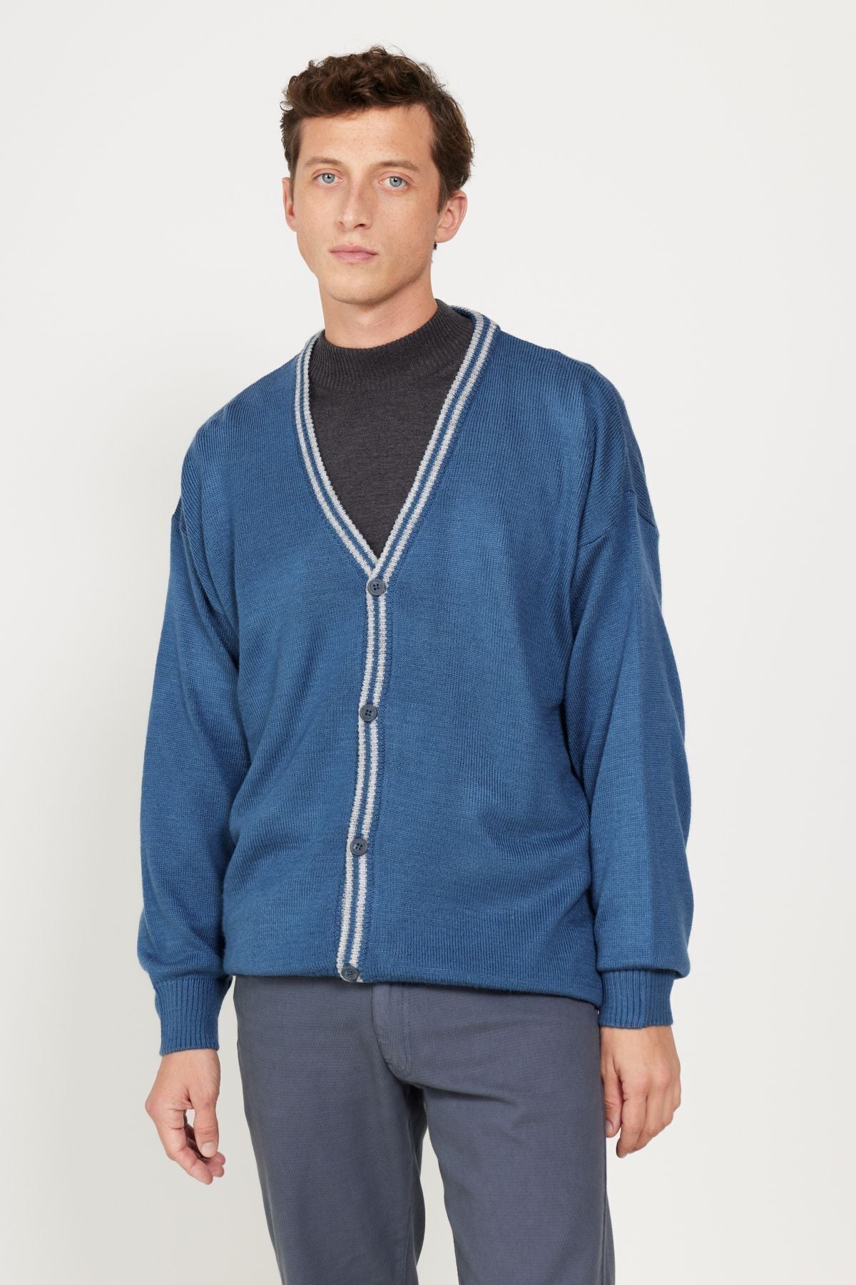 Men's Indigo-GRI Melanj Standard Fit Normal Cut V-Yaka knitwear cardigan