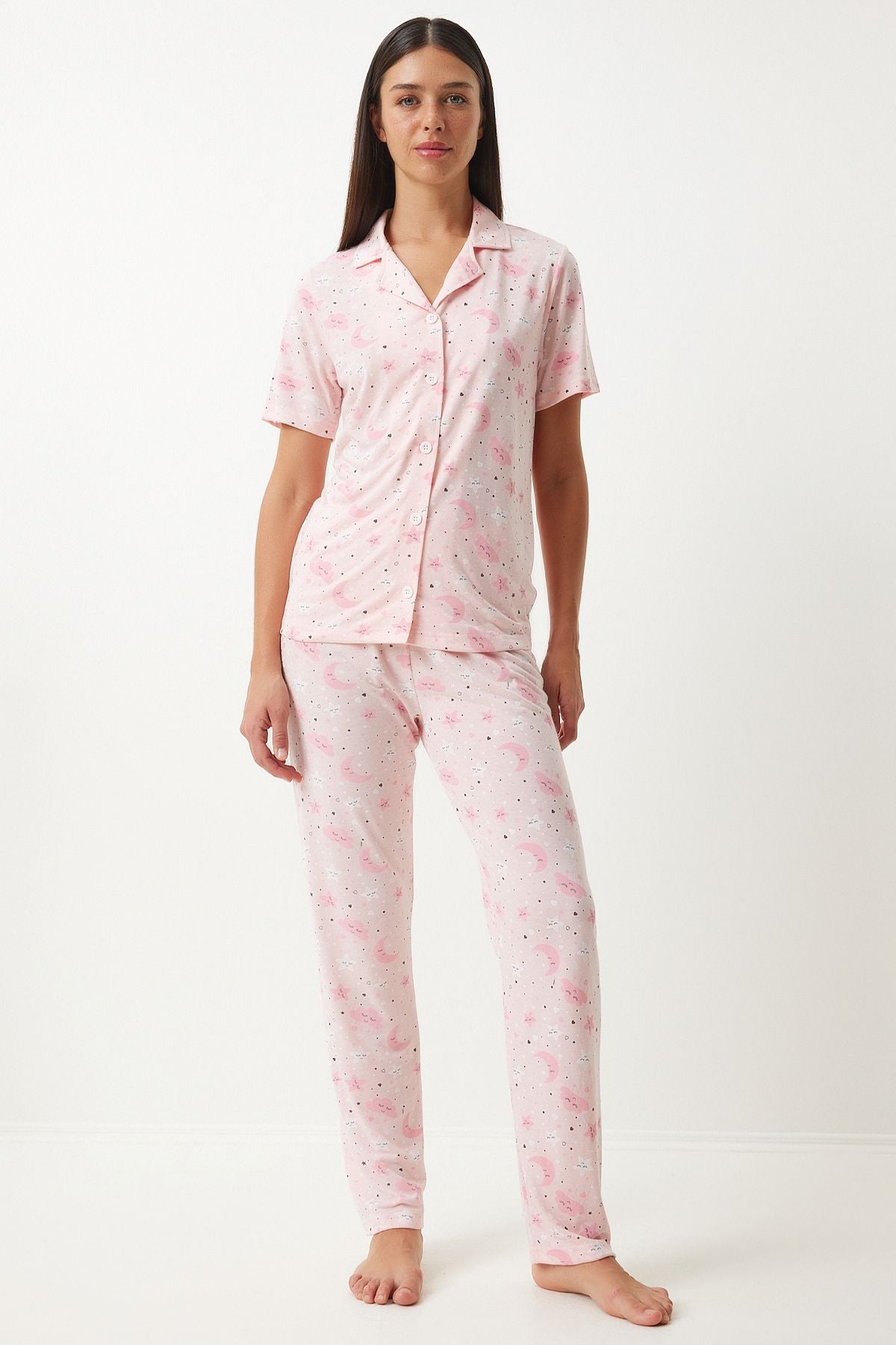 Woman Light Pink Patterned Shirt Pants Pajama Set EC00043