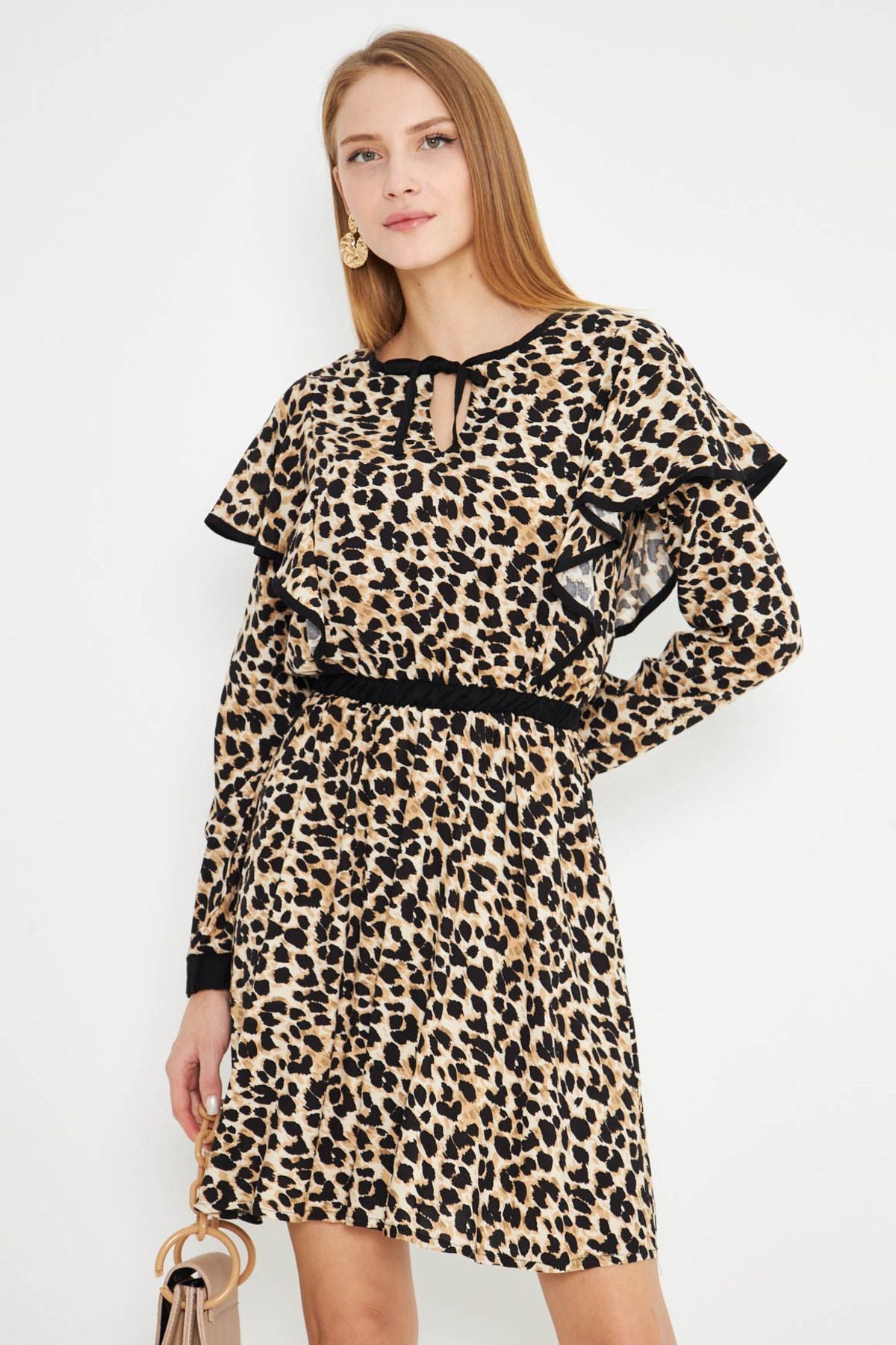 Female Beige Round Golden Flash Detailed Waist Waist Rubble Mini Dress ARM-25K001051
