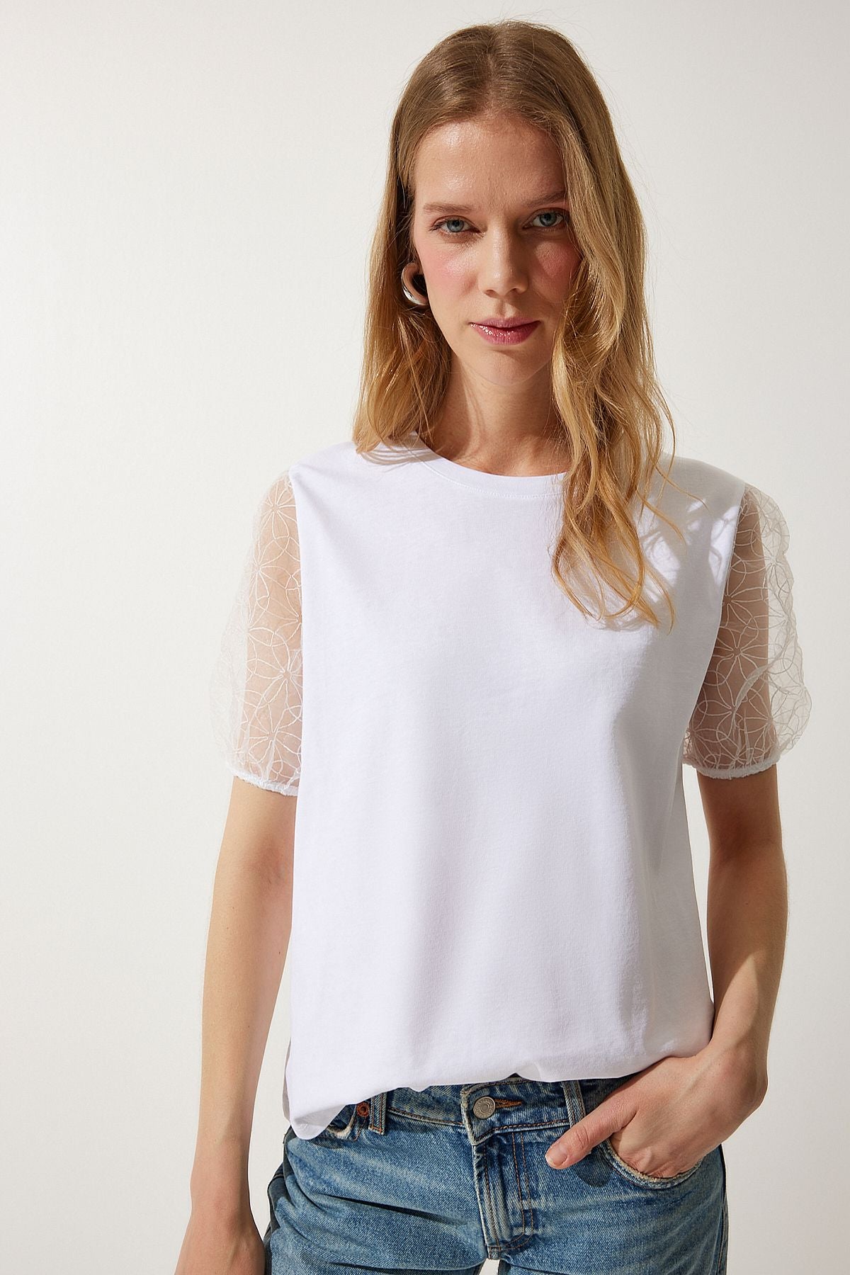 Women's white arms tulle detailed knitting t-shirt wo00033