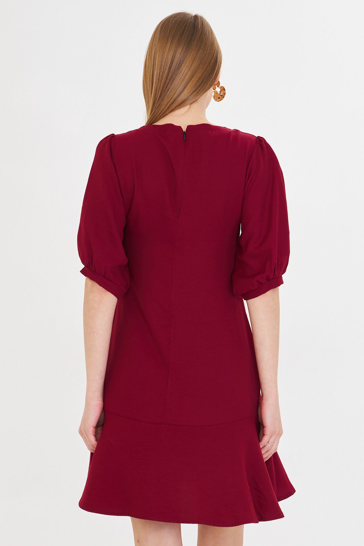 Female Bordeaux Zero Yaka Quarter Sleeve Skirt Volan Dress ARM-25Y001007