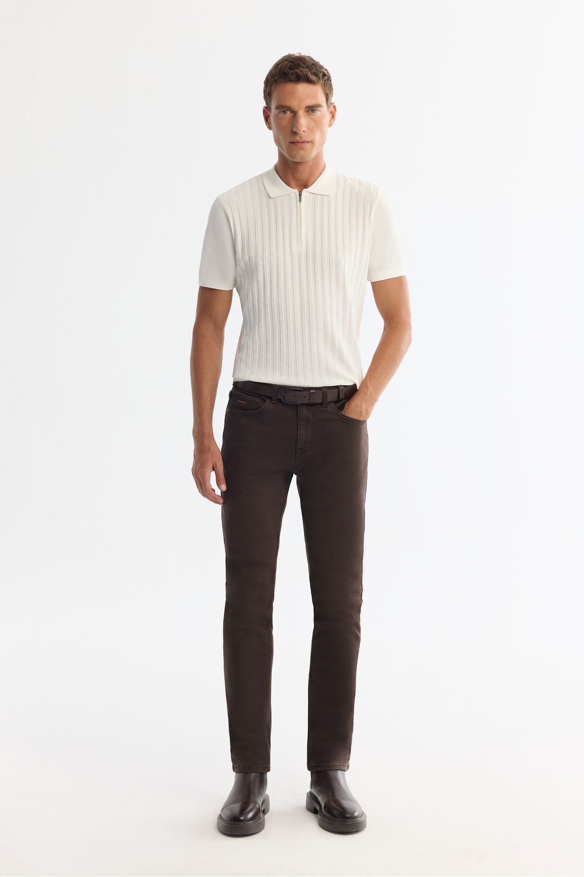 Male Ecru Polo Yaka Zippered Rayon Triko T-Shirt A42y5128