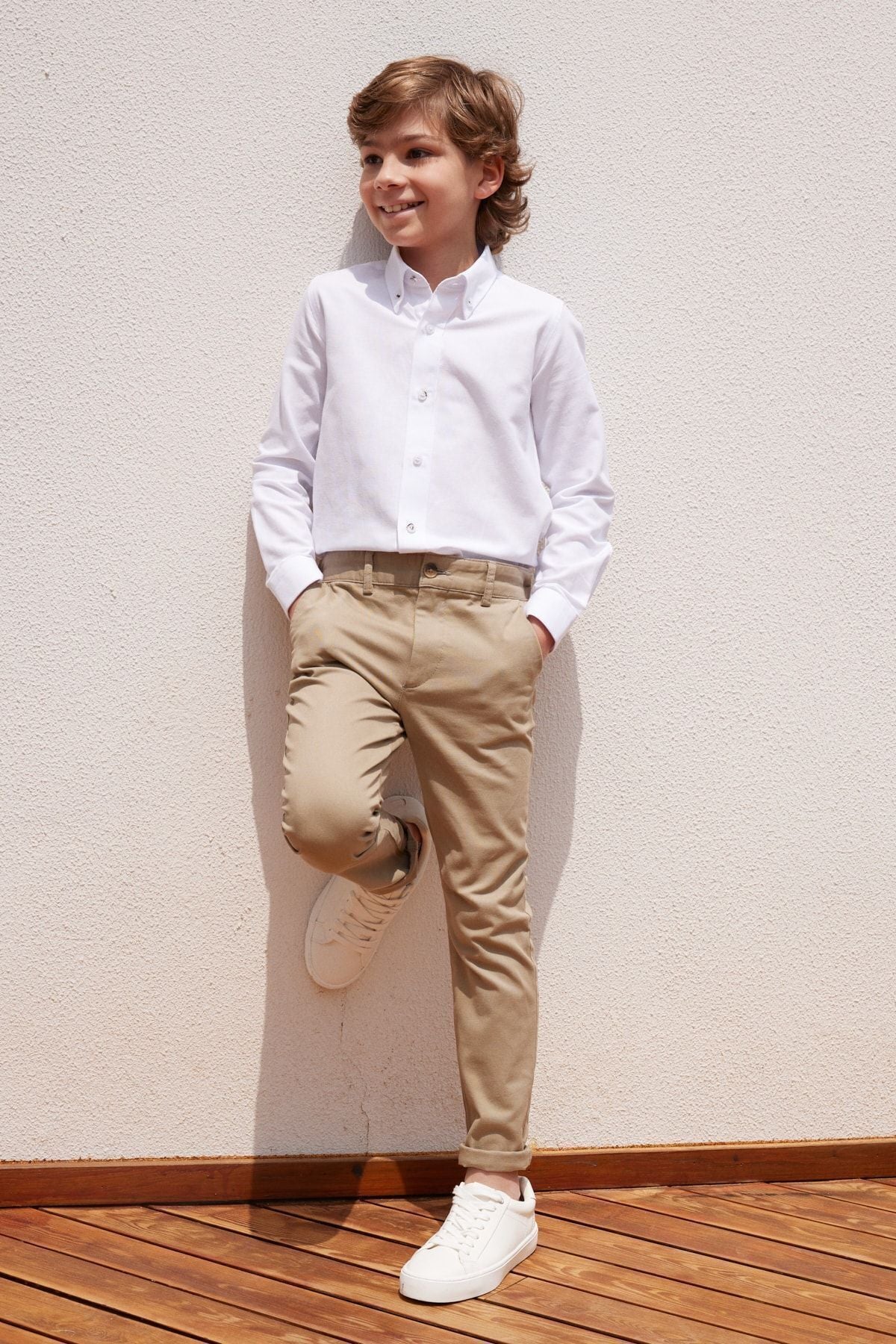 Beige slim fit narrow cutting side pocket cotton flexible child chino pants