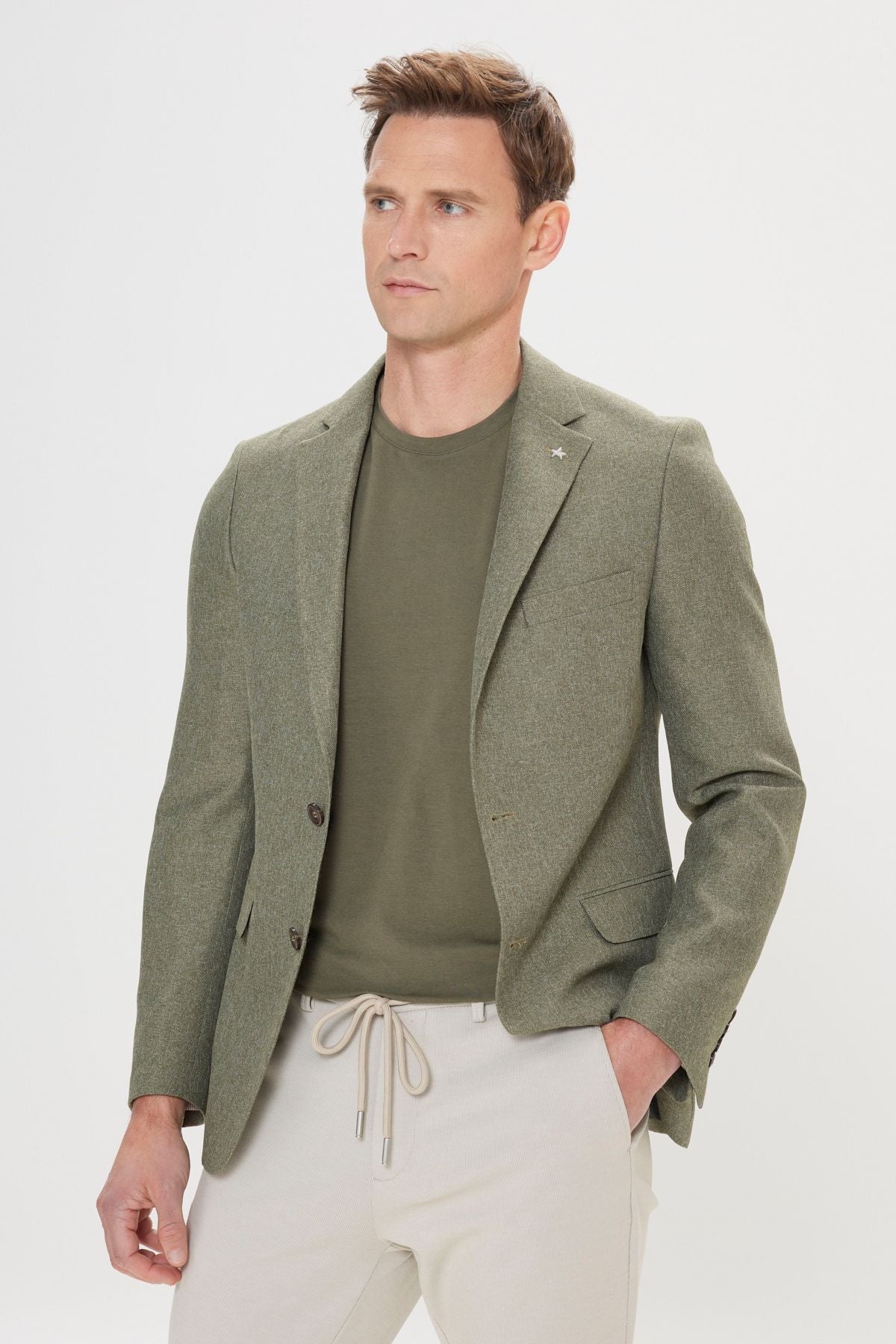 Men's green slim fit narrow cutting mono collar pattern blazer jacket
