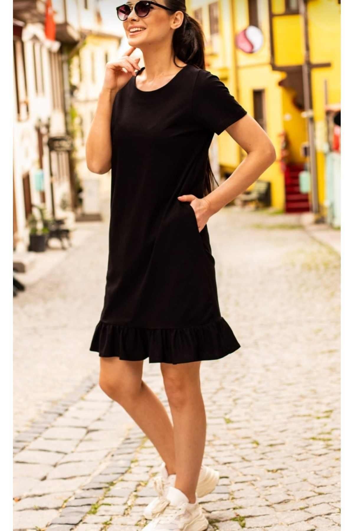 Woman Black Short Sleeve Six Ruffle Dress ARM-20Y001032