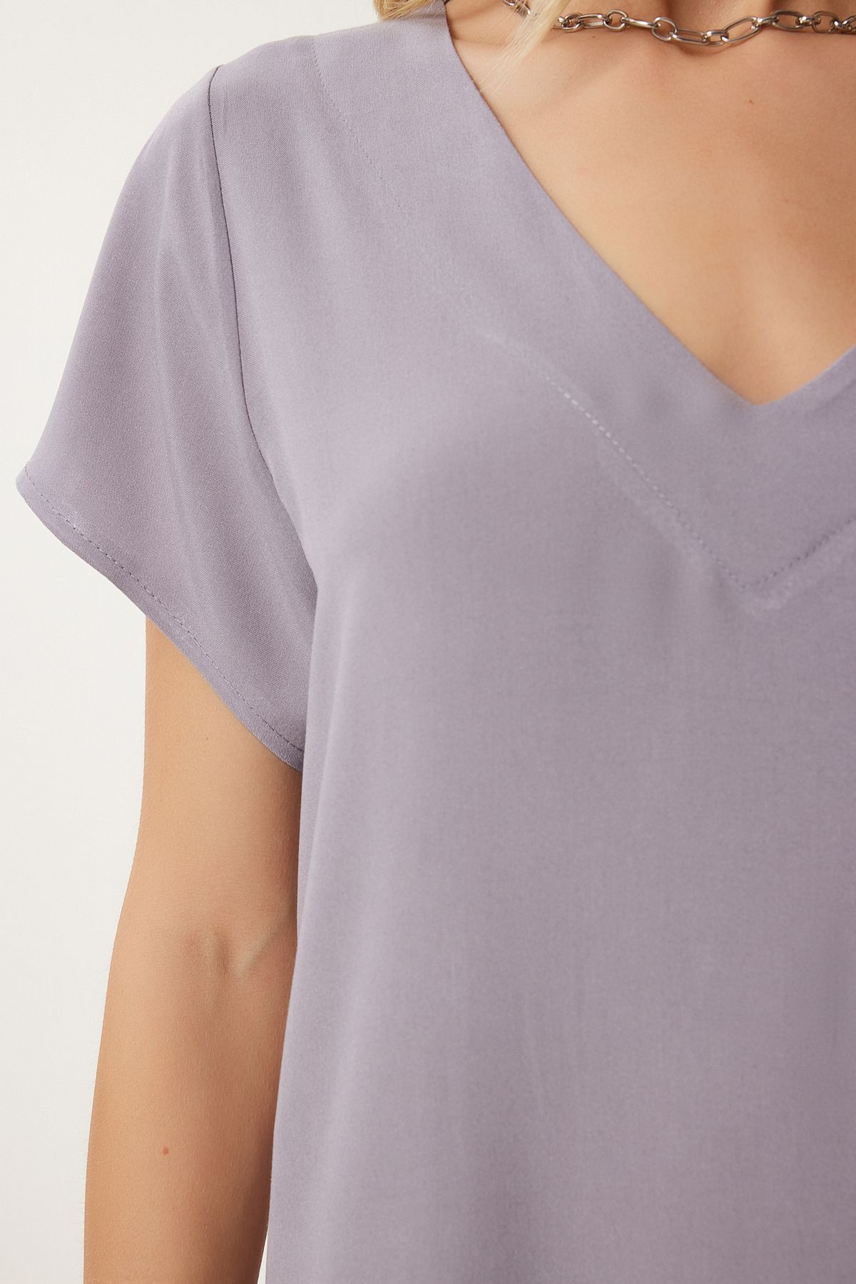 Women's Gray V -Neck Summer Casting Viscose Dress EN00612
