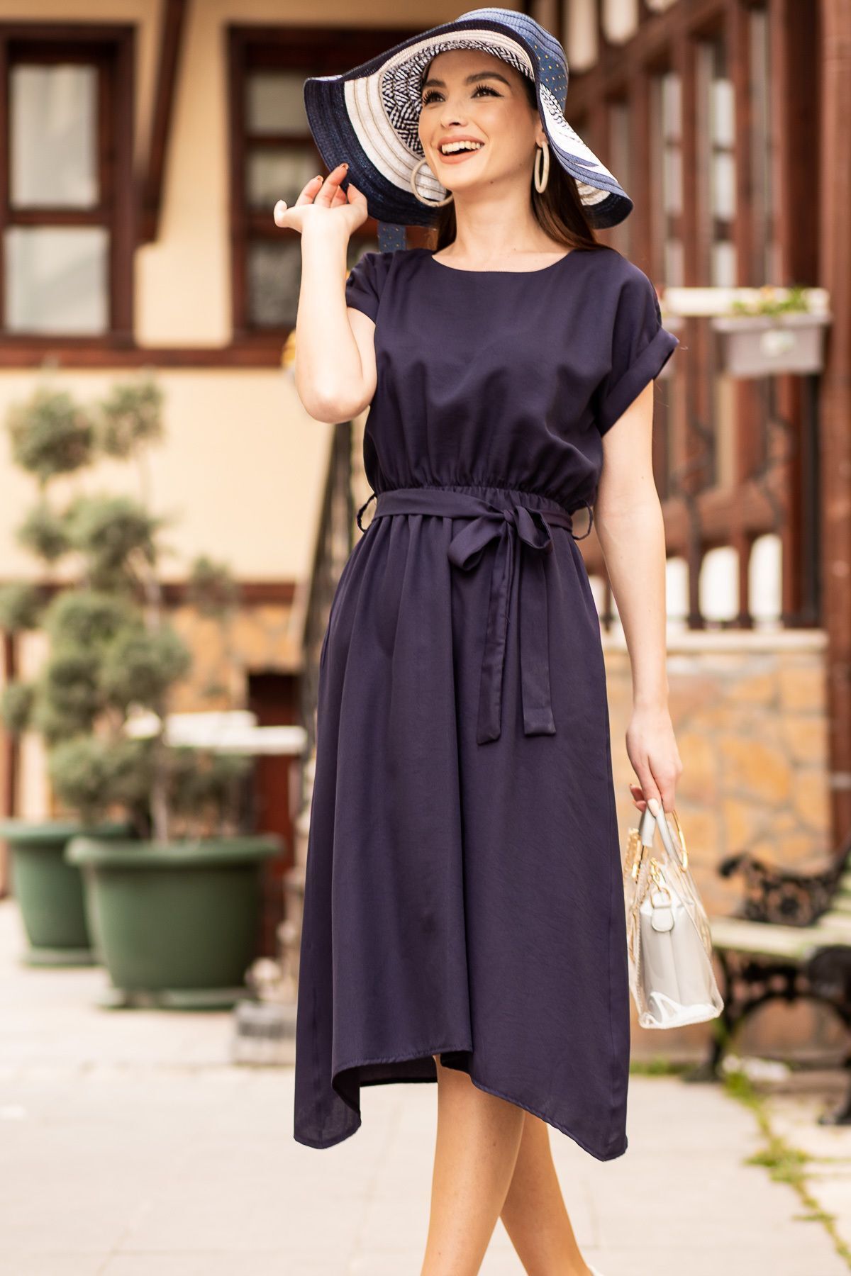 Woman Navy blue waist tire-tied dress ARM-18Y001120