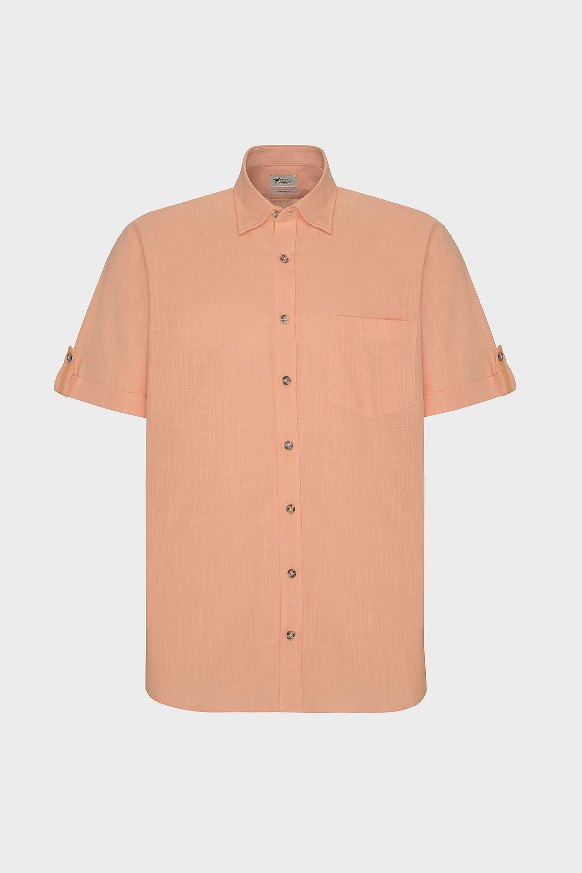 Men's Orange Comfort Fit Casual Cutting Buttoned Neck Linen Looking 100 %Cotton Short Sleeve Shirt