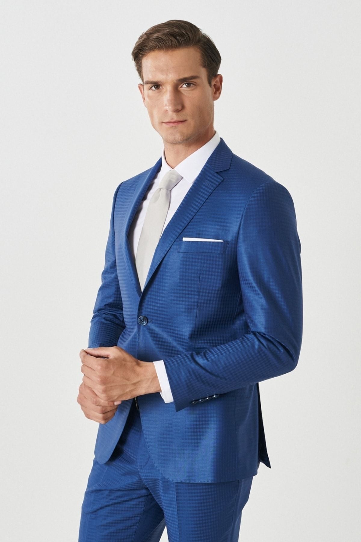 Men's blue extra woolen slim fit narrow cut Mono collar checkered blue suit
