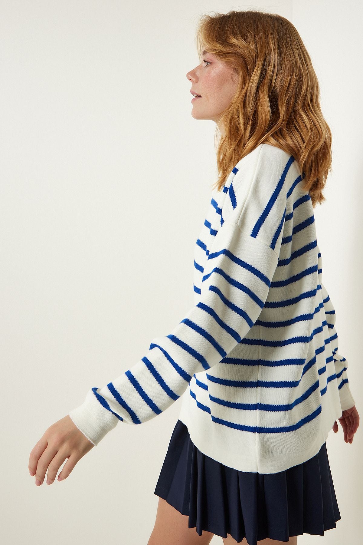 Woman Blue Bone Polo Yaka Crop knitwear sweater US00293