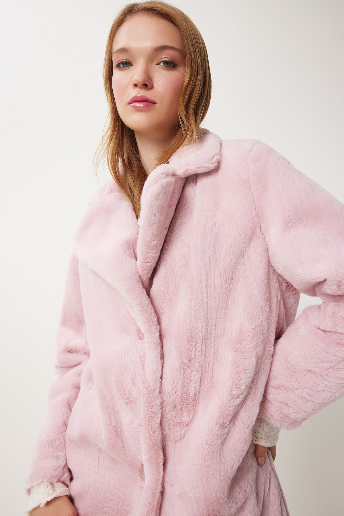 Woman Pink Artificial Fur Coat Rv00072