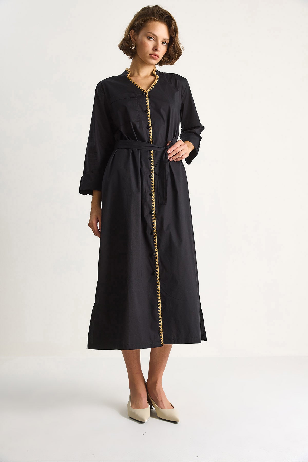 Women's Collar Collar Long Dress with Pocket Detail 60284070