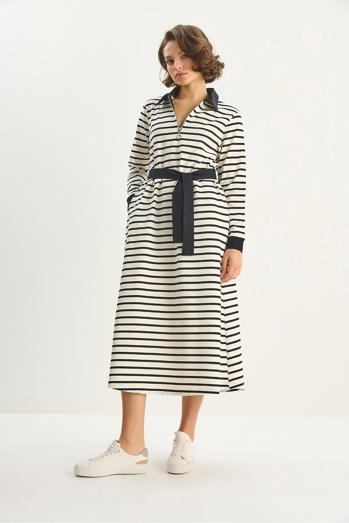 Women's Belted Pocket Detailed Striped Long Basic Dress with Zipper Collar 8514 60283659