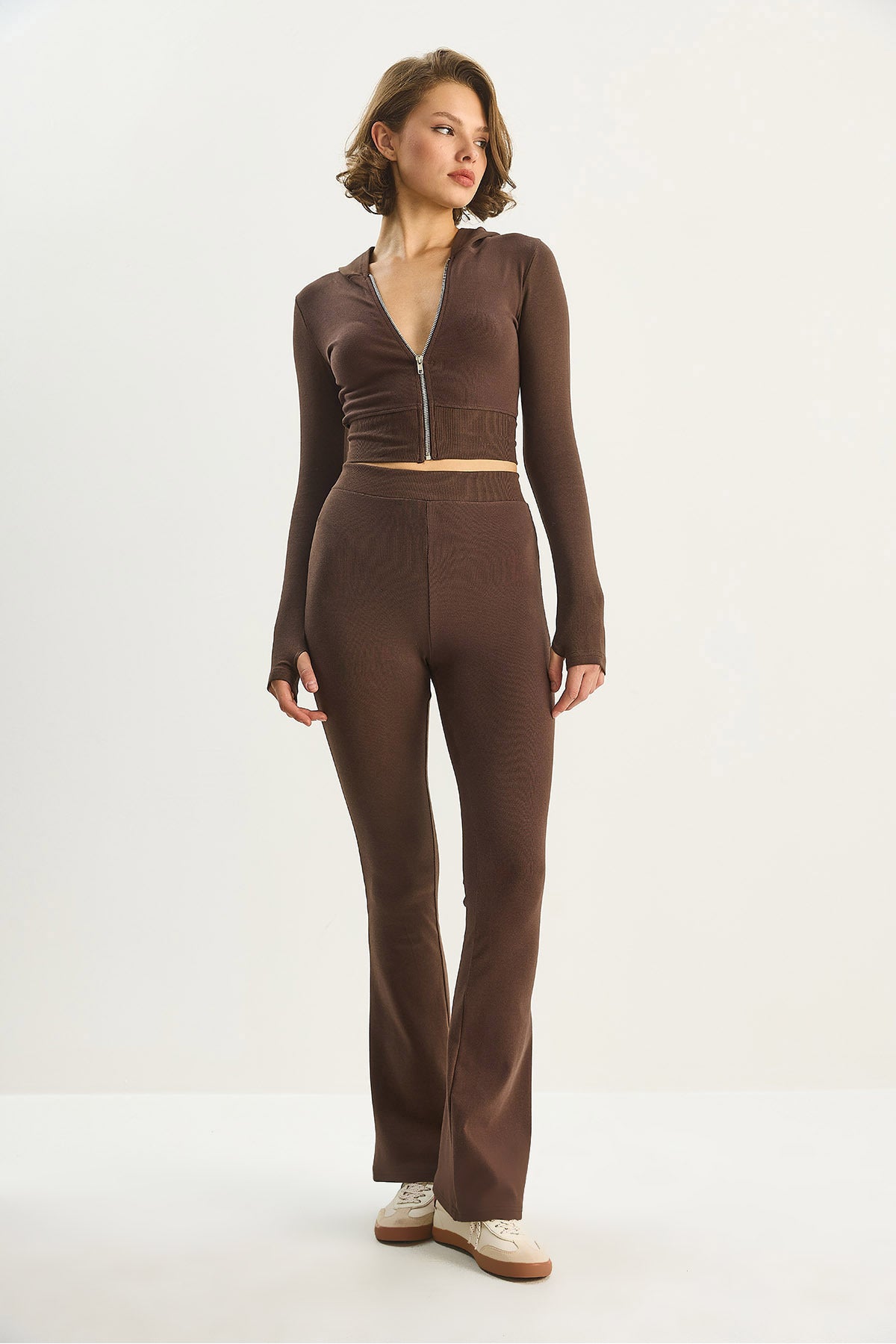 Women's Zippered Long Sleeve Crop Top Lightweight Flare Leg Tights 2180 60283622