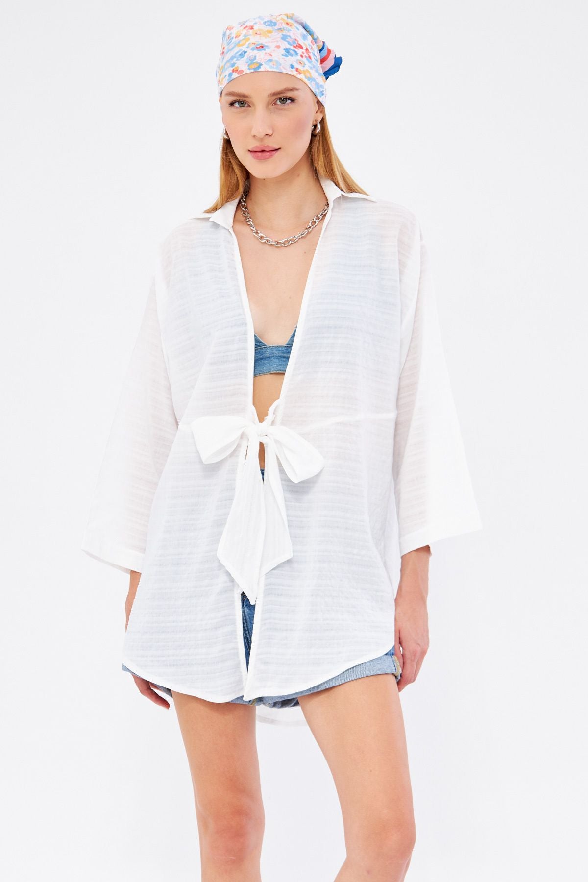 WOMEN WHITE Self-striped front-binding kimono shirt ARM-24Y001101