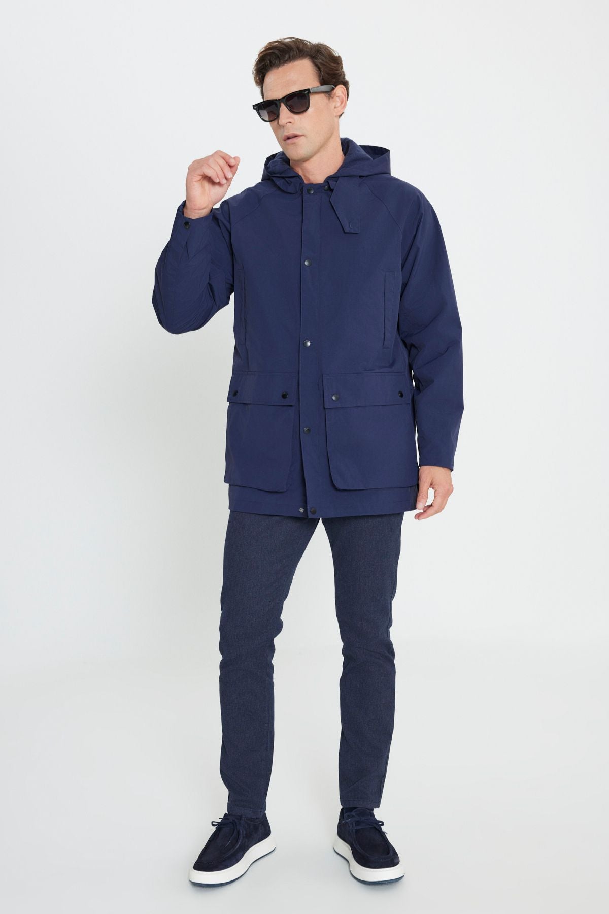 Men's navy blue hooded upright collar standard Fit Hot Hot Windproof Coat