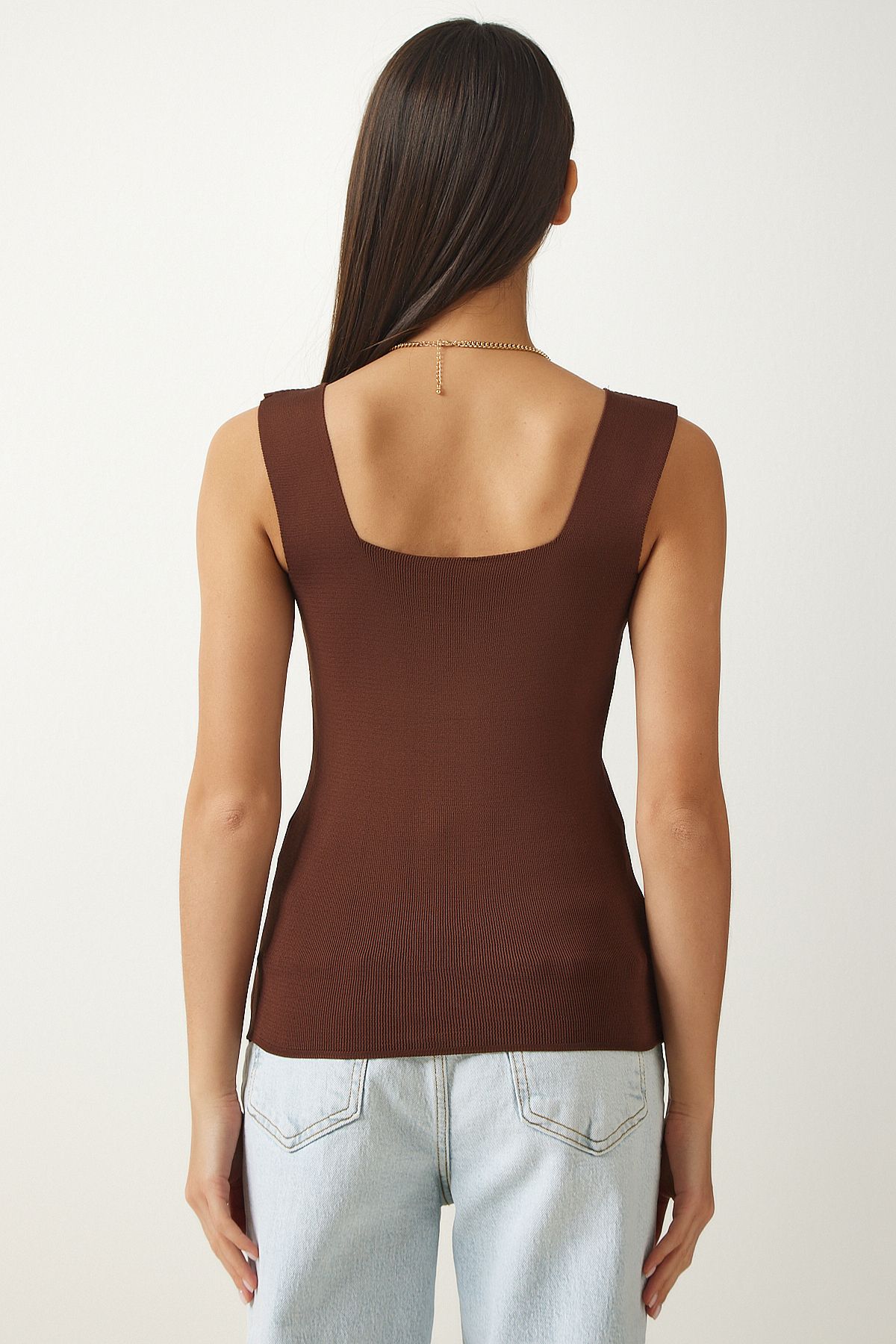 Female Brown Square Yaka Knitwear Crop blouse US00358