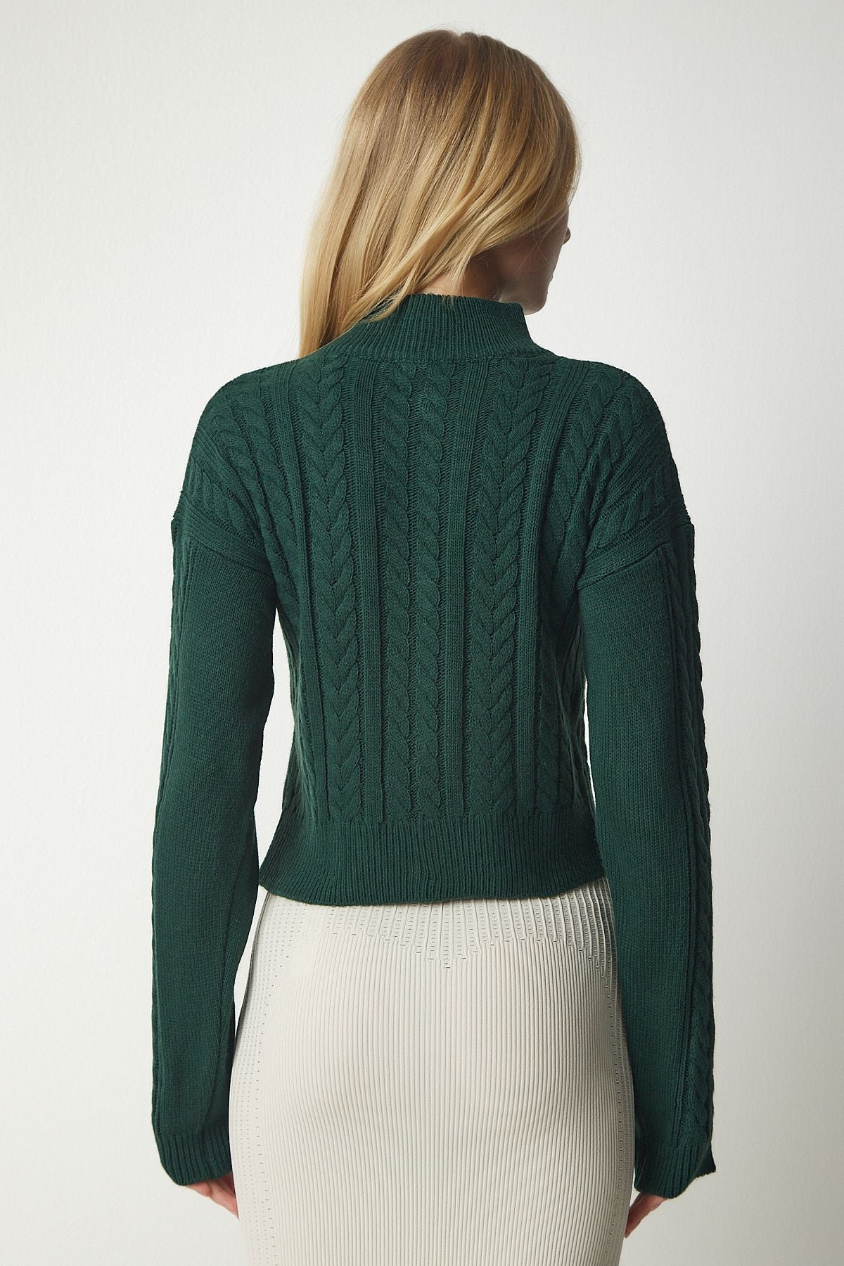Female emerald green zipper knitting motif knitwear cardigan yy00174