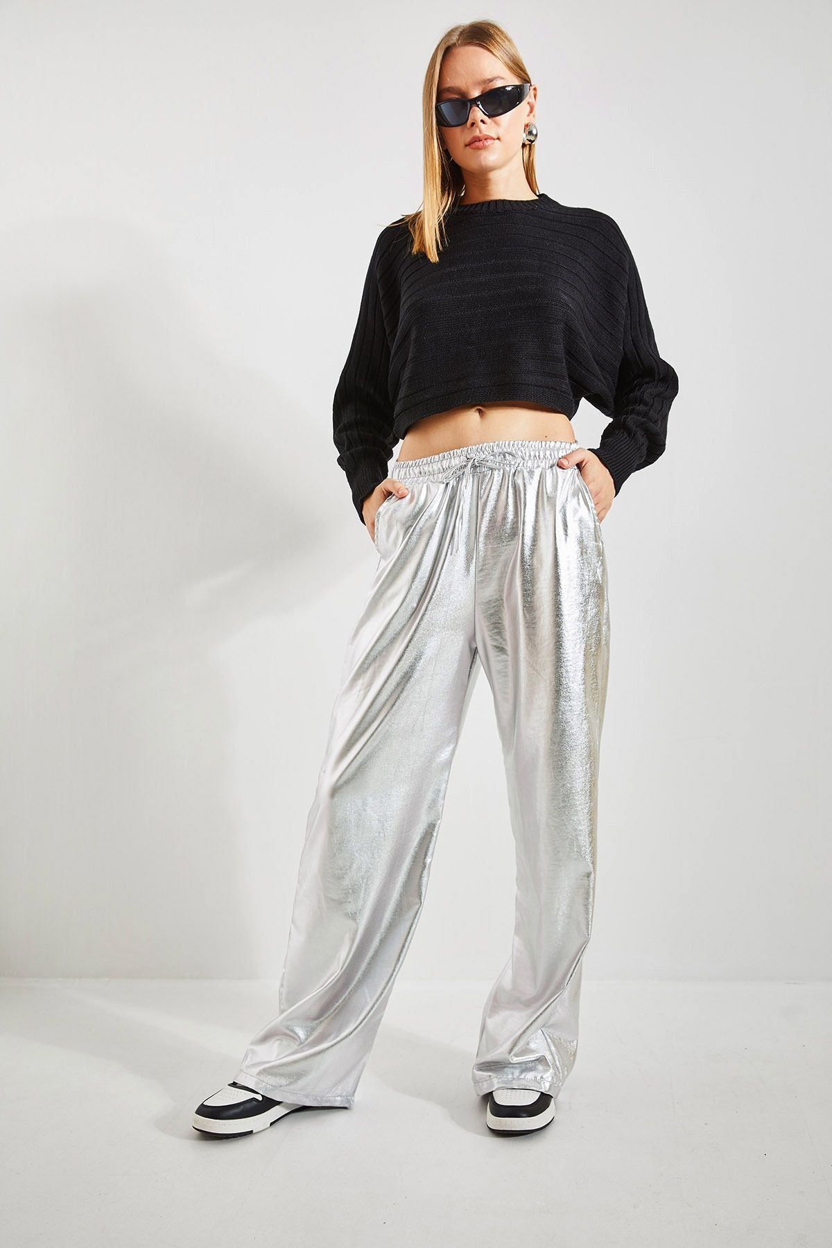 Women's waist rubber palazzo metallic coated pants