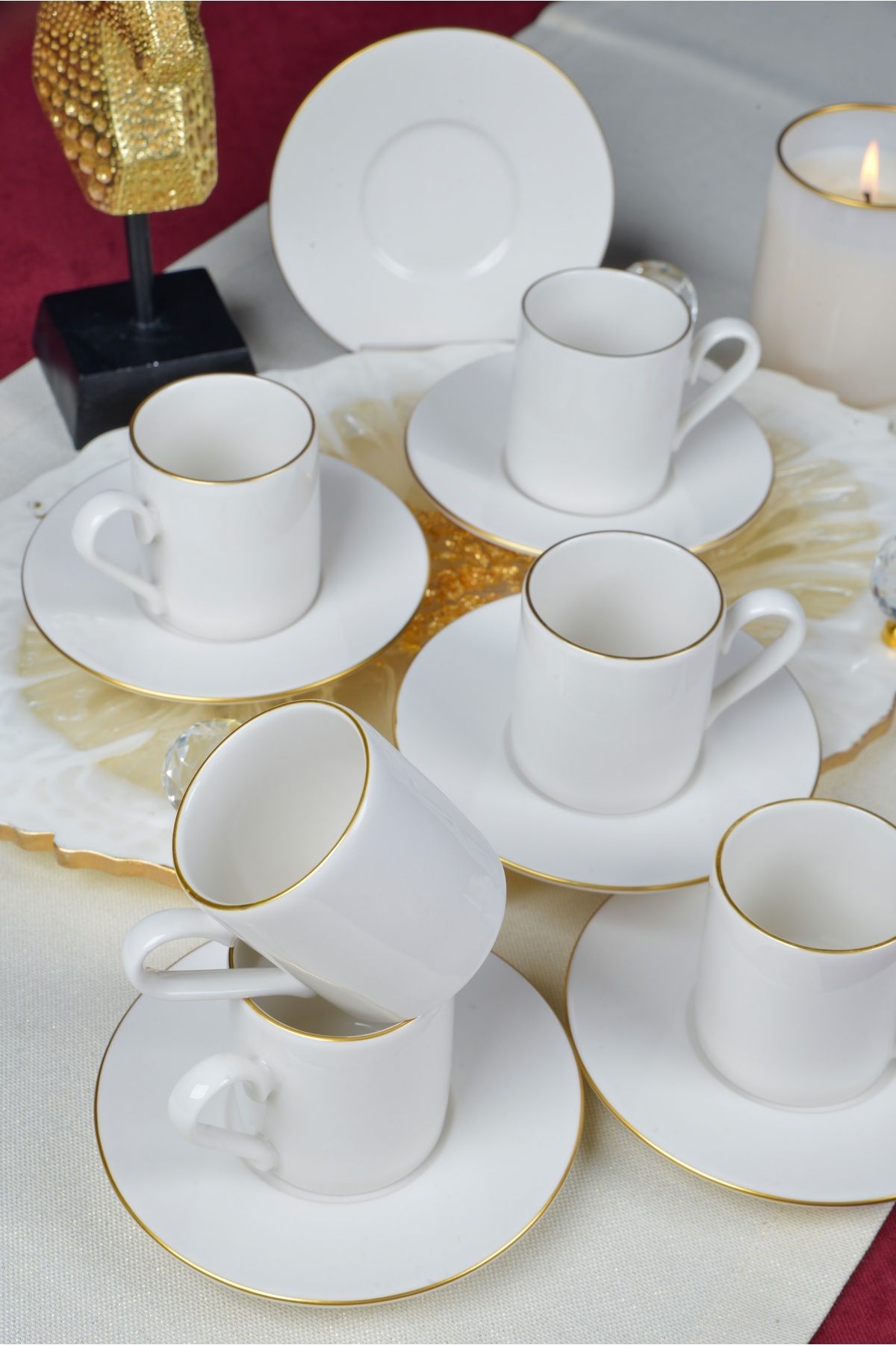 Hayal Gold Gilded 12 Piece 6 Person Porcelain Coffee Cup Cup Set Broken White