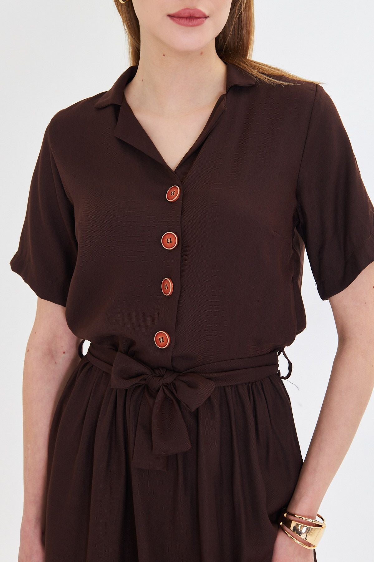 Woman Dark Brown front buttoned waist shirred belt midi size dress ARM-24Y001068