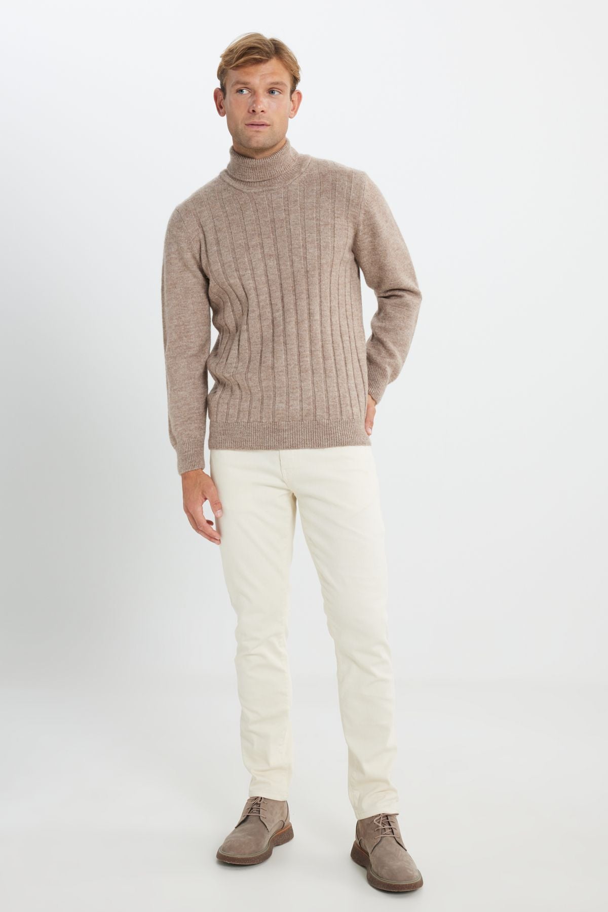 Men's Beige Melanj Standard Fit Normal Cut Full Fisherman Neck Jacquard Knitwear Sweater