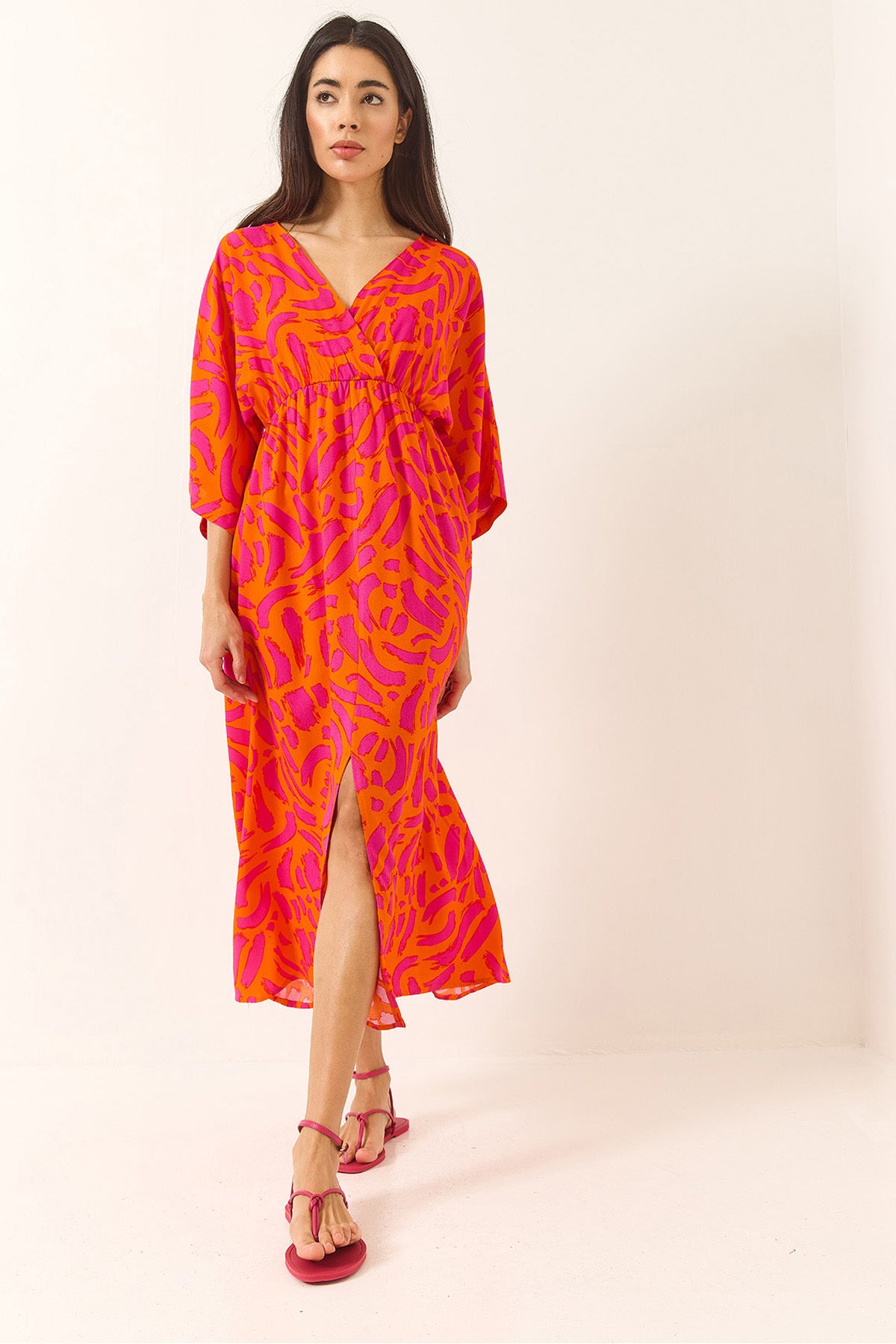 Women's Wrap Collar Waist Elastic Patterned Summer Viscose Dress 60283225