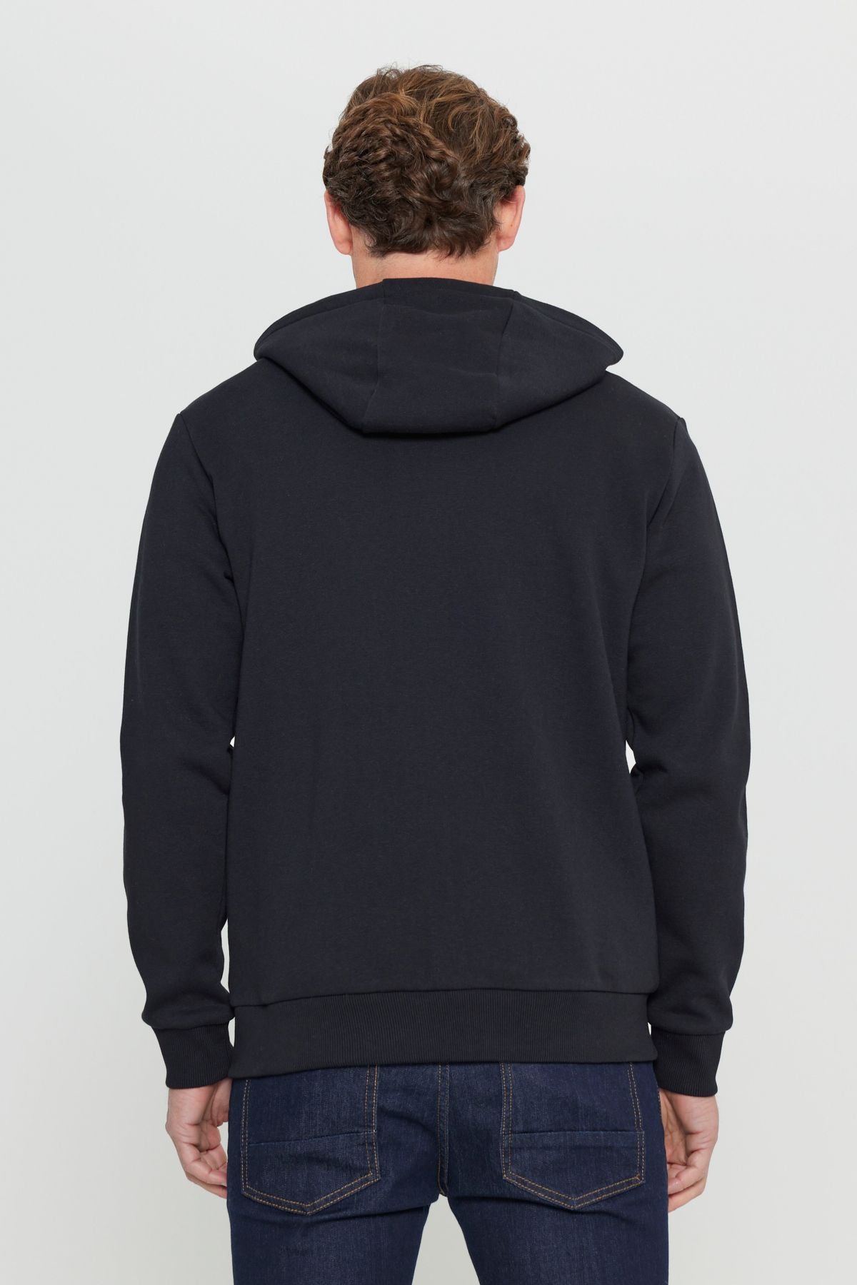 Men's Black Standard Fit Normal Cutting Içi Polar 3 -Tick Hoped Zippered Sweatshirt Jacket