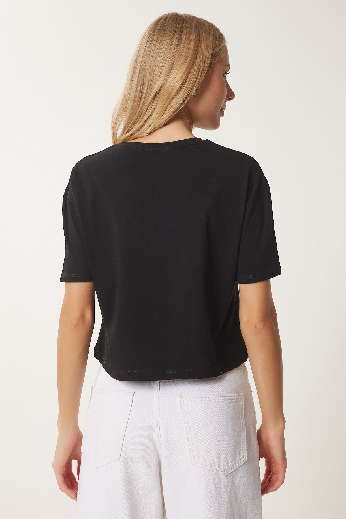 Female Black Heart Printed Cotton Short Knitting T-Shirt AN00224