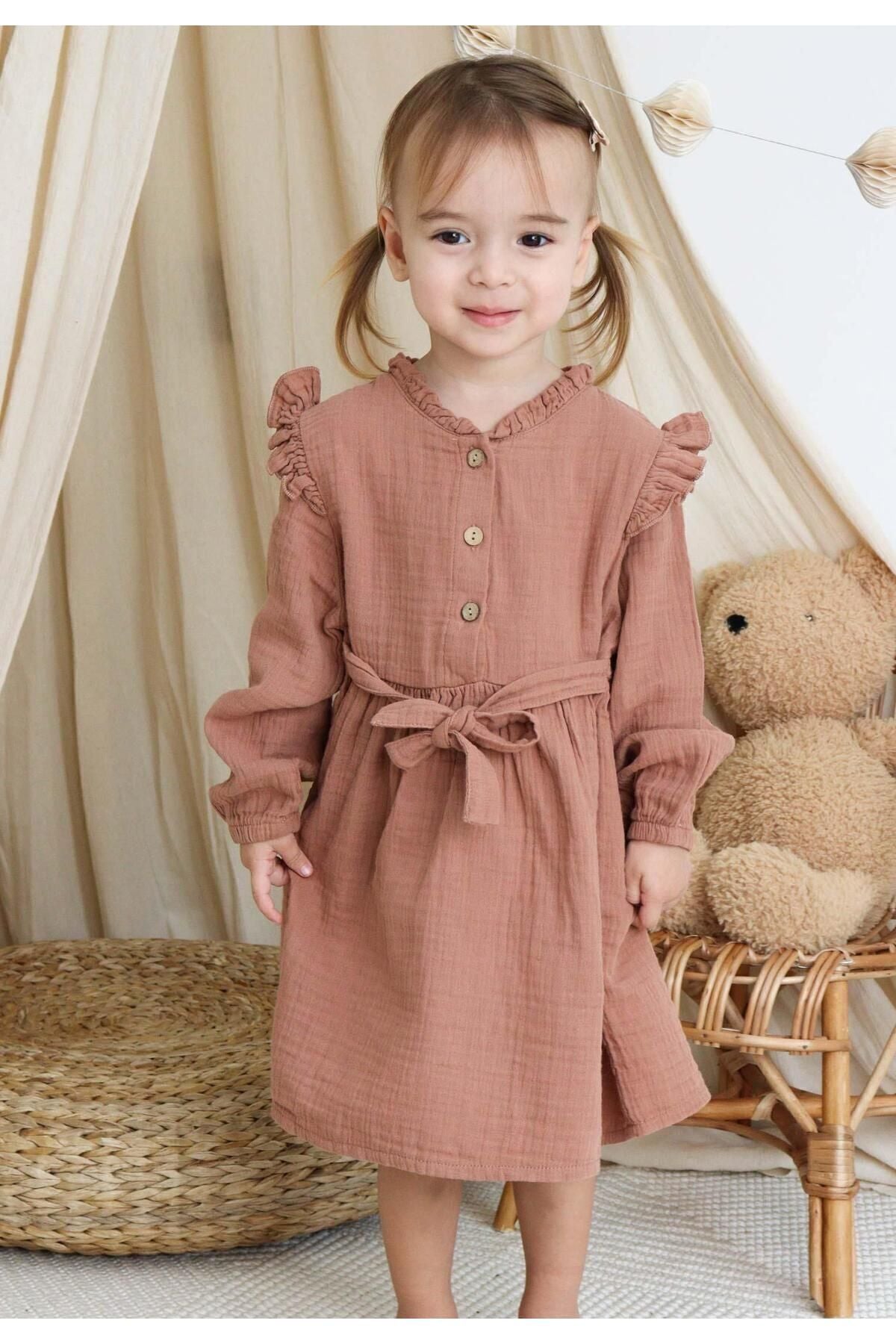 Ruffle detailed muslin dress 2-8 years old brown coffee